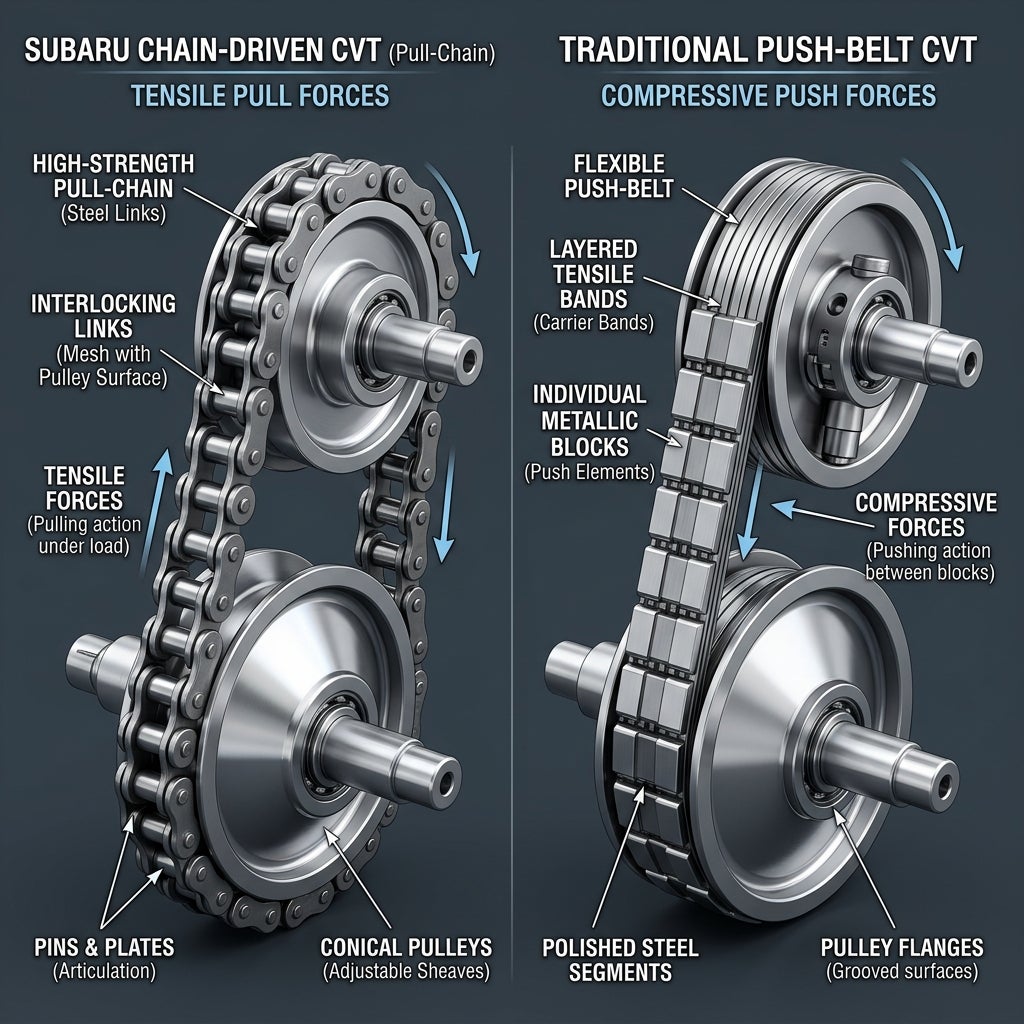 Diagram comparing a Subaru chain-driven CVT with a traditional push-belt CVT mechanism. (Representative image for illustration purposes only. Actual vehicle may vary based on trim and configuration.)