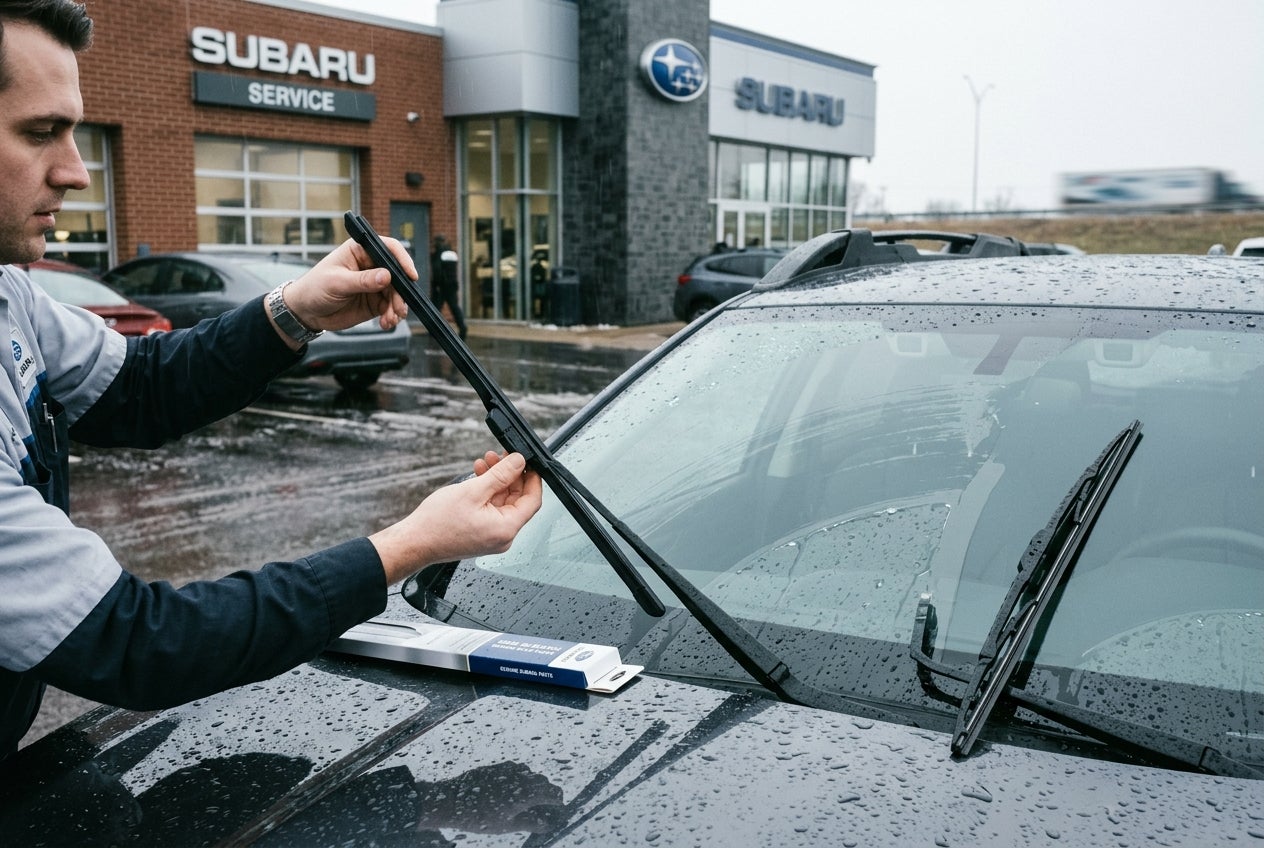 A service technician holding a new windshield wiper blade over a car at a Subaru dealership.
