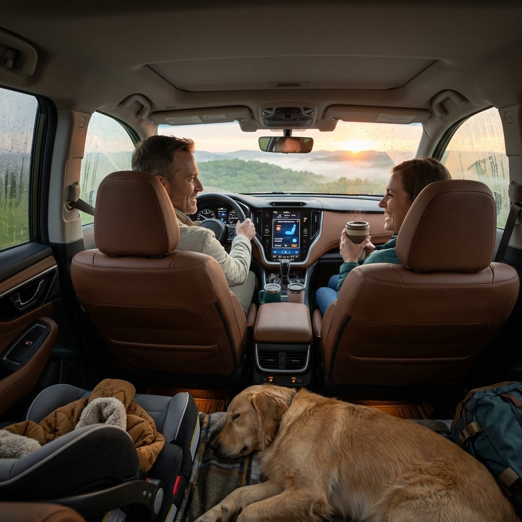 AI generated: A hyper-realistic 2026 Subaru SUV interior on a cool Missouri spring morning, parked at a scenic overlook as the sun rises over rolling green hills. Inside the cabin, a family enjoys the comfort of advanced climate-controlled seating. The driver and front passenger relax in luxurious heated and ventilated front seats, while rear passengers enjoy heated rear seats, all visibly comfortable despite the crisp morning temperatures outside. Soft ambient lighting glows from the climate control interface, displaying active seat heating and ventilation settings. Light condensation can be seen on the exterior windows, contrasting with the warm, inviting cabin. Cozy details such as coffee cups, light jackets, and a golden retriever resting comfortably in the back reinforce the feeling of warmth and comfort. Cinematic sunrise lighting, premium interior materials, realistic reflections, ultra-detailed automotive photography, 8K resolution, luxury SUV marketing campaign quality, focus on comfort, family travel, advanced technology, and year-round driving enjoyment.