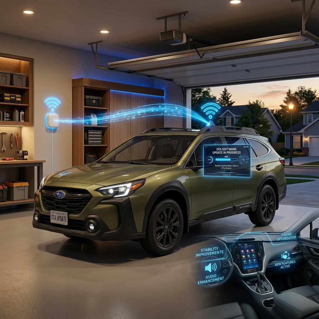 AI generated: A hyper-realistic 2026 Subaru Outback Onyx Edition parked inside a clean, modern suburban garage at dusk. The vehicle's large infotainment touchscreen is illuminated, displaying an active Over-The-Air (OTA) software update progress screen with sleek futuristic graphics. A glowing digital connection visualizes a strong Wi-Fi signal streaming from a smart home router mounted inside the house to the vehicle, symbolizing seamless wireless updates. The garage is warmly lit, with subtle blue technology-inspired accents highlighting the connection between the home network and the Subaru. Holographic overlays show system stability improvements, audio enhancement icons, and software optimization graphics floating around the vehicle. Outside the garage, a quiet residential neighborhood is visible through the open door. Ultra-detailed automotive photography, cinematic lighting, realistic reflections, premium Onyx Edition styling, advanced connected-car technology, clean modern aesthetic, 8K resolution, professional Subaru marketing campaign quality, futuristic yet believable engineering visualization, emphasis on convenience, innovation, and continuous vehicle improvement.
