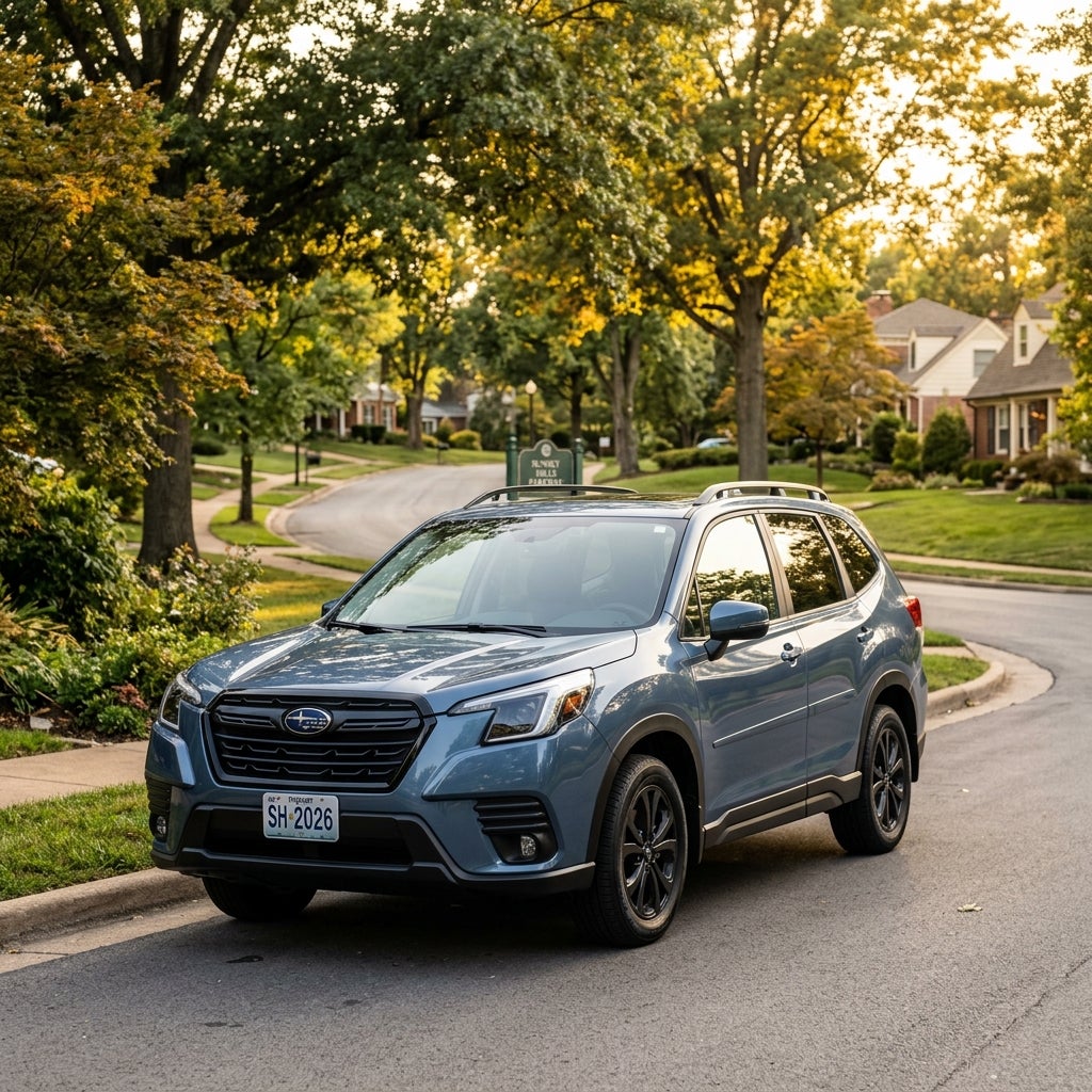 Blue Subaru Forester parked on a tree-lined suburban street during golden hour. (Representative image for illustration purposes only. Actual vehicle may vary based on trim and configuration.)