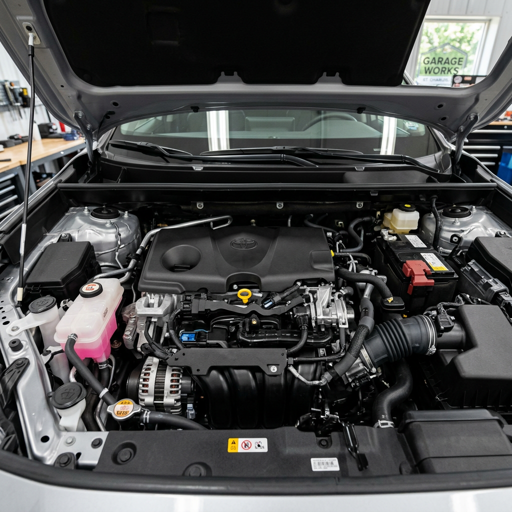 A clean, modern car engine bay with the hood propped open, showcasing organized mechanical and electrical components. (Representative image for illustration purposes only. Actual vehicle may vary based on trim and configuration.)