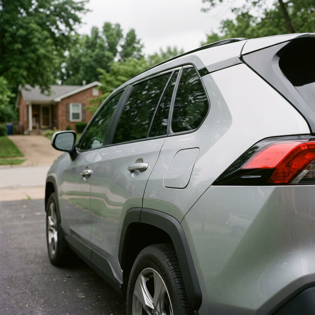 A silver SUV parked in a driveway, showing the side and rear profile with a brick house in the background. (Representative image for illustration purposes only. Actual vehicle may vary based on trim and configuration.)