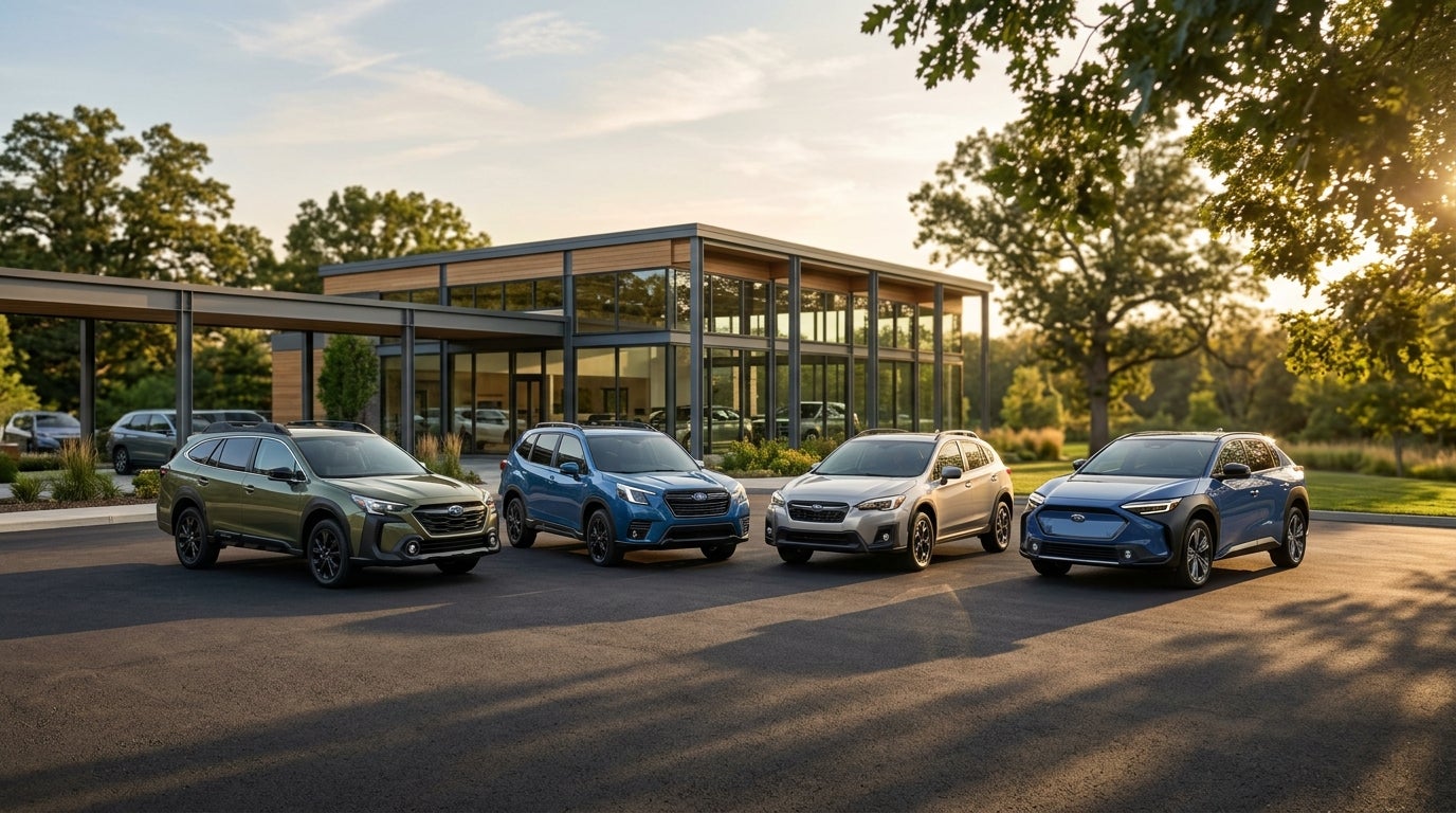 Four Subaru SUVs parked in a row outside a modern glass dealership building at sunset. (Representative image for illustration purposes only. Actual vehicle may vary based on trim and configuration.)