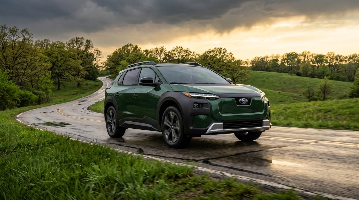 AI generated: A cinematic, low-angle shot of a futuristic 2026 Subaru Trailseeker electric SUV traversing a winding road through the rolling green hills of the American Midwest, the vehicle features sleek aerodynamic lines combined with rugged off-road wheel arches and signature C-shaped LED headlights, an atmosphere of transition with dramatic golden hour light breaking through clearing storm clouds, wet pavement reflecting the vibrant sky, lush Missouri spring vegetation and budding oak trees lining the horizon, photorealistic textures, high-dynamic range, professional automotive photography style, deep forest green and metallic silver color palette, conveying a sense of silent power, durability, and a leap into electrification without sacrificing adventure, no people, no text, ultra-high resolution.