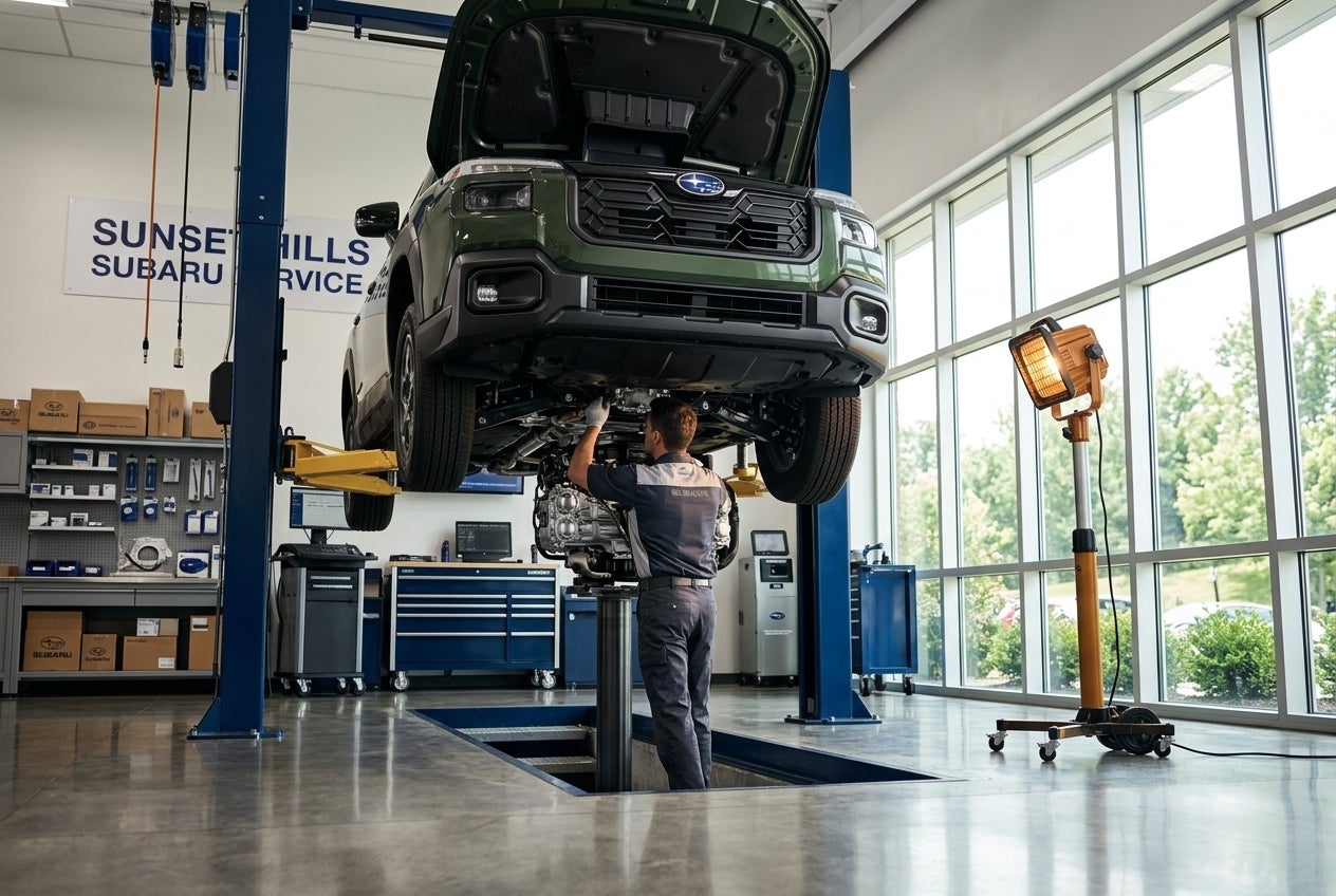 A professional Subaru service technician working on a modern Outback in a clean, state-of-the-art facility