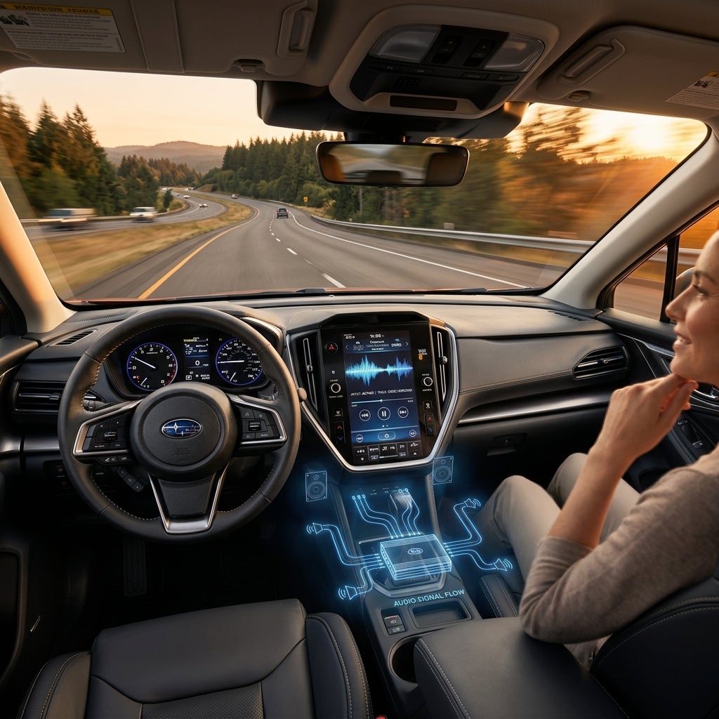 AI generated: A hyper-realistic automotive interior scene inside a modern 2026 Subaru, photographed from the driver's perspective while cruising on a scenic interstate highway at sunset. The vehicle's premium infotainment touchscreen displays an advanced audio interface with animated sound wave visualizations. Hidden beneath the dashboard, a sophisticated multi-channel digital amplifier is represented through subtle futuristic holographic overlays showing clean audio signals flowing to multiple speakers throughout the cabin. The driver and passengers appear immersed in crystal-clear sound, with no visible distortion despite the vehicle traveling at highway speed. Dynamic motion blur outside the windows conveys smooth cruising, while the cabin remains sharp, refined, and luxurious. Cinematic lighting, ultra-detailed textures, premium materials, realistic reflections, shallow depth of field, professional automotive advertising photography, 8K resolution, high contrast, award-winning commercial automotive marketing image, emphasis on advanced technology, premium sound quality, and engineering excellence.