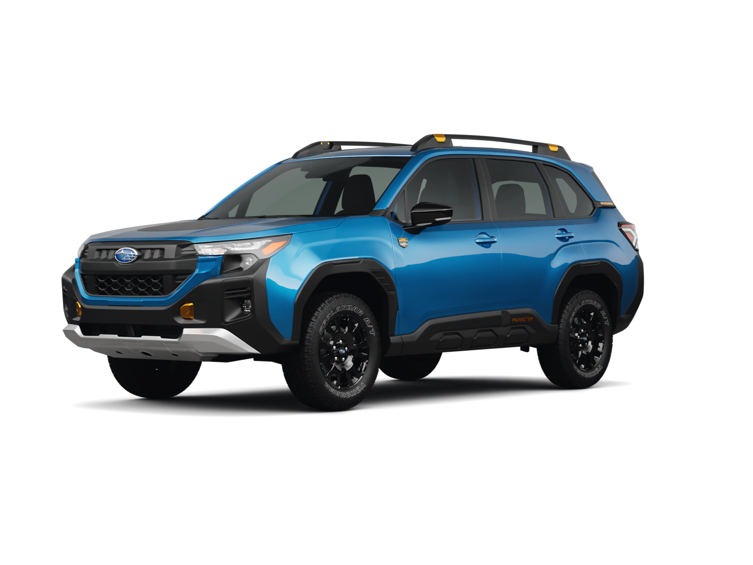 A Geyser Blue Subaru Forester Wilderness showing off its increased ground clearance and rugged all-terrain tires.