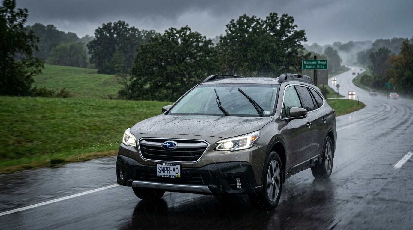 AI generated: A photorealistic, cinematic shot of a 2020 Subaru Outback driving through a heavy Midwestern rainstorm on a wet asphalt road in Sunset Hills, Missouri. The focal point is the windshield, where high-quality wiper blades are mid-sweep, creating a perfectly clear, transparent arc through the heavy droplets and mist. The surrounding environment features lush green oak trees and rolling hills typical of the St. Louis area, blurred slightly by the speed and rain. The lighting is moody and overcast with cool blue and slate gray tones, punctuated by the warm glow of the Subaru's LED headlights cutting through the downpour. The composition is a dynamic three-quarter front view, highlighting the beads of water on the metallic gray paint and the sophisticated sensors behind the clear glass. The atmosphere evokes a sense of safety, reliability, and total visibility despite the challenging Missouri weather.