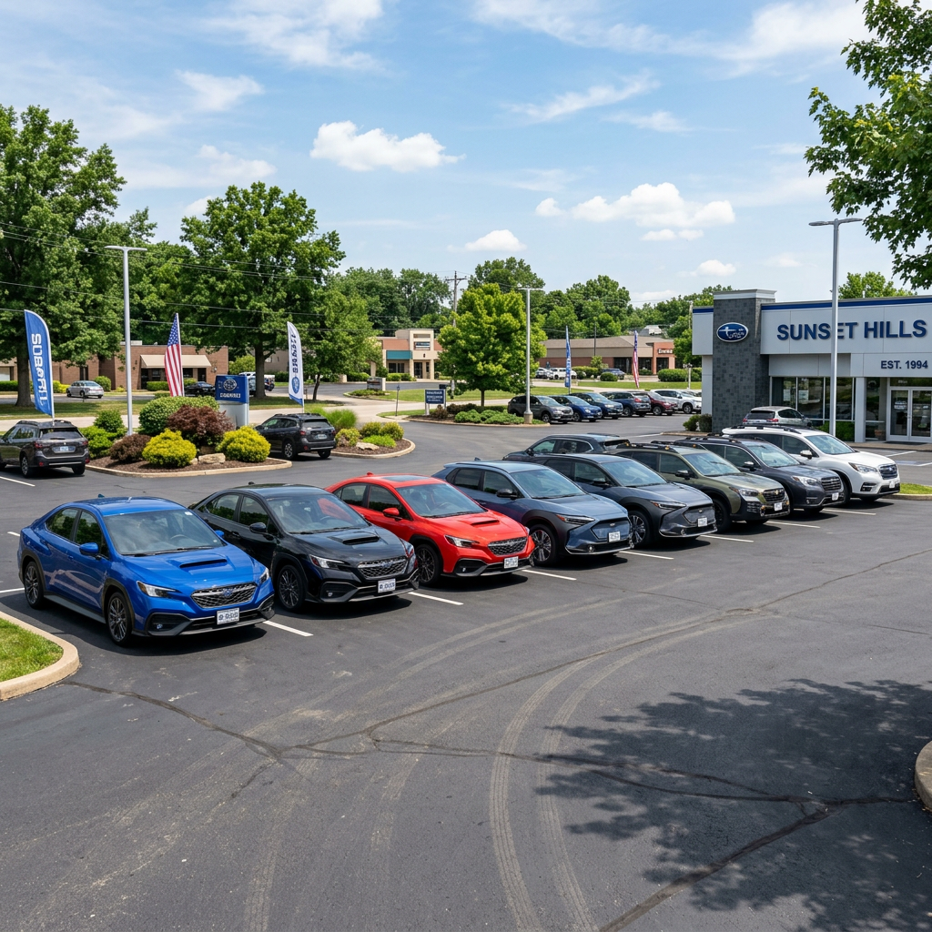 Row of various colored Subaru cars parked outside a dealership on a sunny day. (Representative image for illustration purposes only. Actual vehicle may vary based on trim and configuration.)