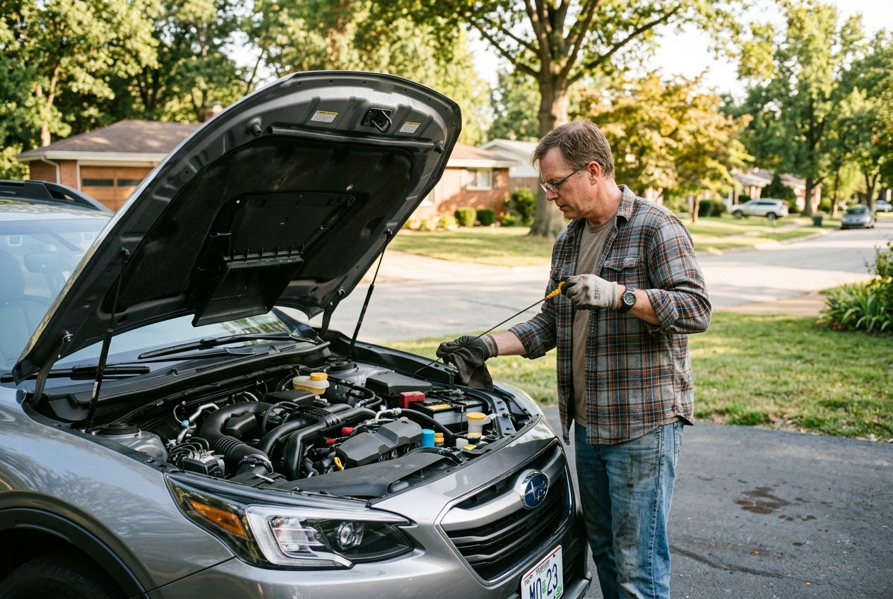 A man wearing glasses and a plaid shirt holds an oil dipstick while inspecting an open car engine bay. (Representative image for illustration purposes only. Actual vehicle may vary based on trim and configuration.)