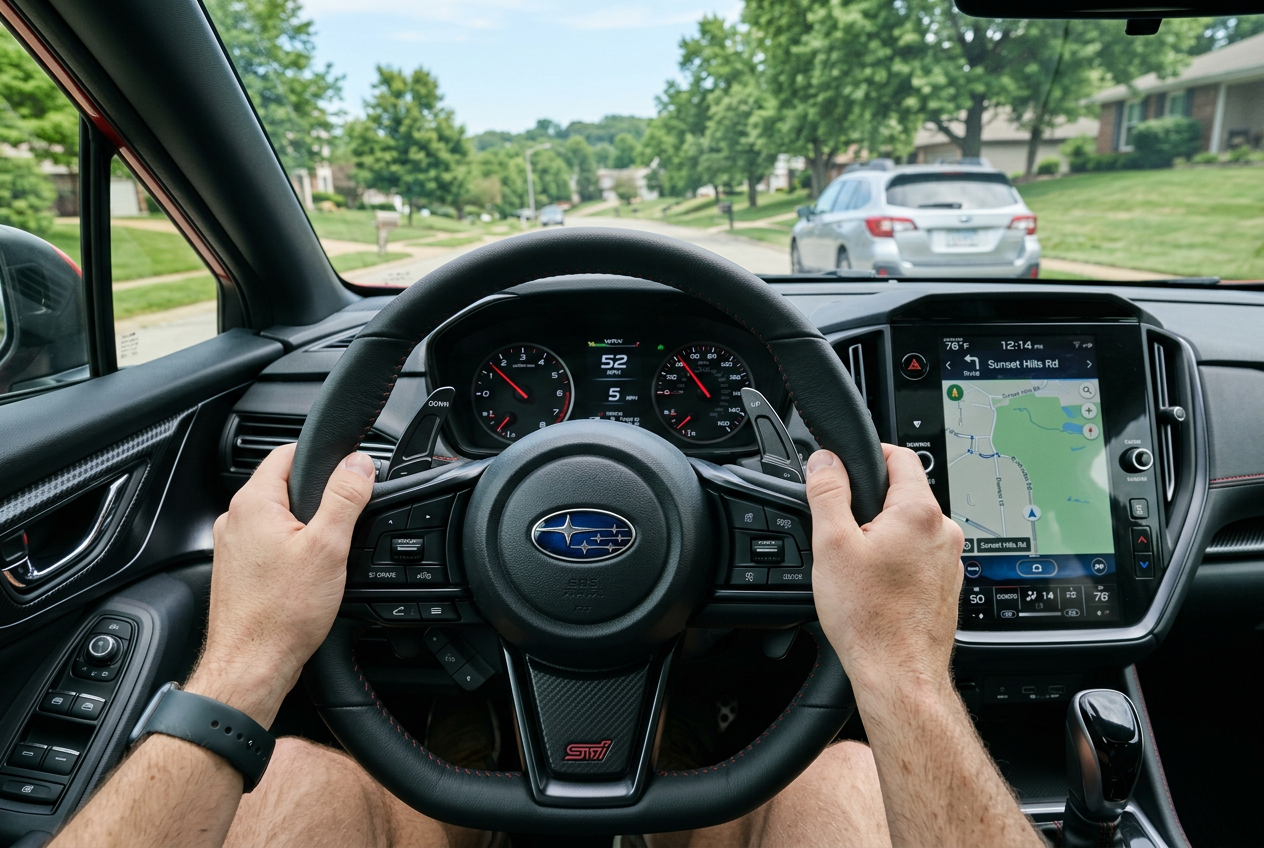 Person driving a Subaru with navigation on touchscreen display (Representative image for illustration purposes only. Actual vehicle may vary based on trim and configuration.)
