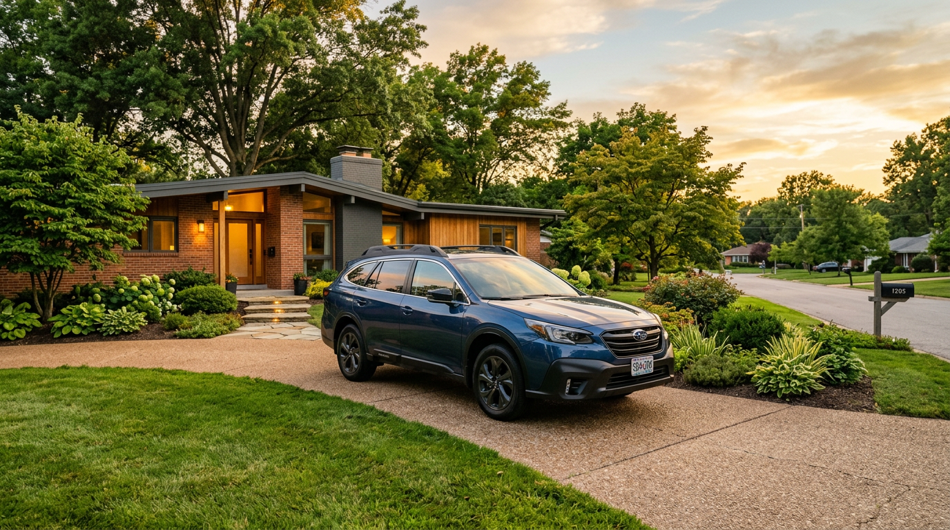 A blue Subaru Outback parked on a paved driveway in front of a modern mid-century brick house at sunset. (Representative image for illustration purposes only. Actual vehicle may vary based on trim and configuration.)
