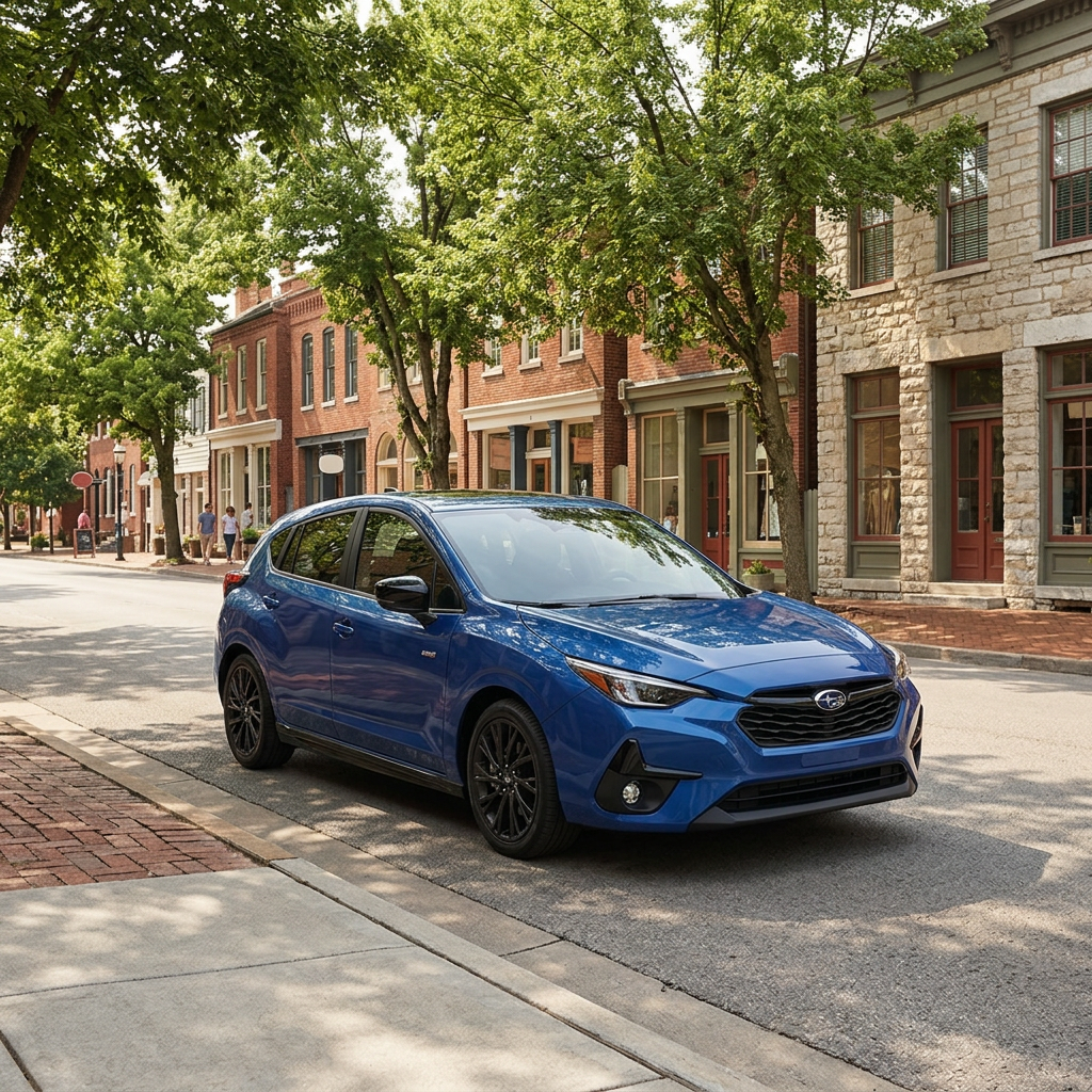 A blue Subaru Impreza parked on a historic brick-lined street with mature trees and brick buildings. (Representative image for illustration purposes only. Actual vehicle may vary based on trim and configuration.)