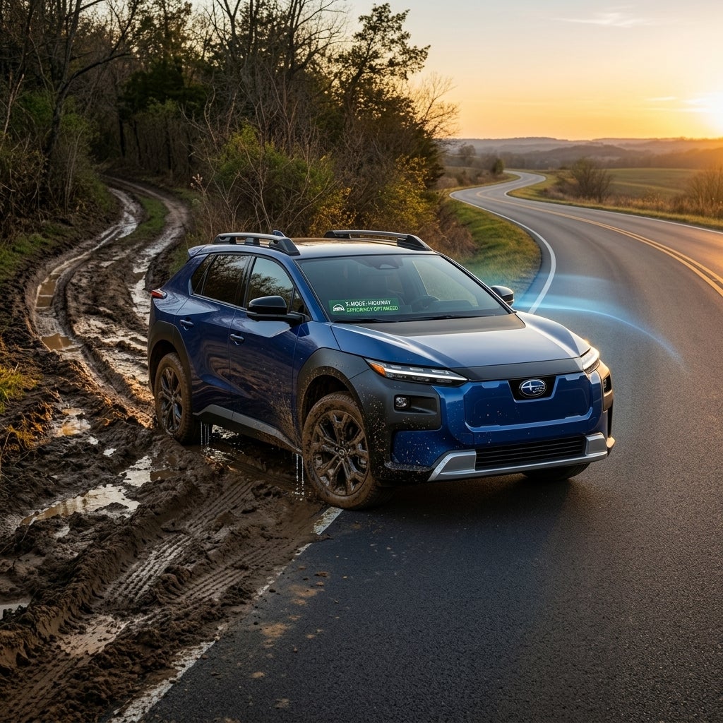 AI generated: Hyper-realistic scene showing a 2026 Subaru Trailseeker EV emerging from a challenging muddy Ozark trail and returning confidently to a smooth Missouri highway, symbolizing efficient energy management and adventure readiness, subtle X-MODE technology effects, dramatic golden-hour lighting, rugged wilderness transitioning into open road freedom, premium automotive advertising, award-winning photography, ultra-detailed 8K realism.