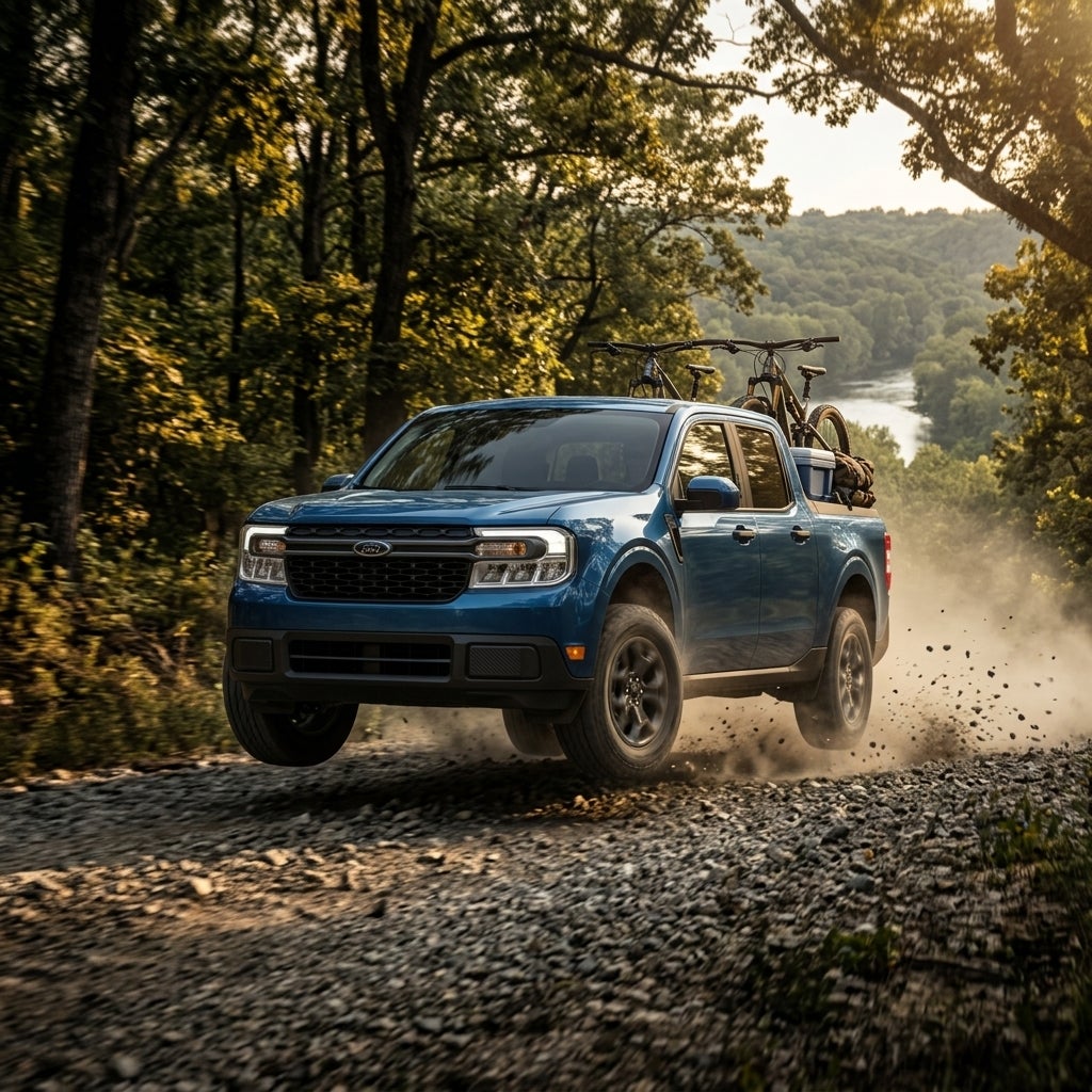 AI generated: Photorealistic CGI, cinematic action shot, centered and symmetrical composition, a modern Ford Maverick pickup truck aggressively traversing a gravel trail near the Meramec River in Sunset Hills, Missouri, mid-air suspension compression, spinning wheels kicking up dust and loose stones, dramatic high contrast lighting, late afternoon summer sun casting long shadows through dense oak and hickory trees, rich dark color palette with deep forest greens and golden amber highlights, sleek metallic blue paint reflecting the clear sunny sky, rugged utility bed loaded with mountain bikes and outdoor gear, rolling wooded terrain of the Ozark foothills, humid summer atmosphere, ultra-detailed textures on tires and chassis, no text.