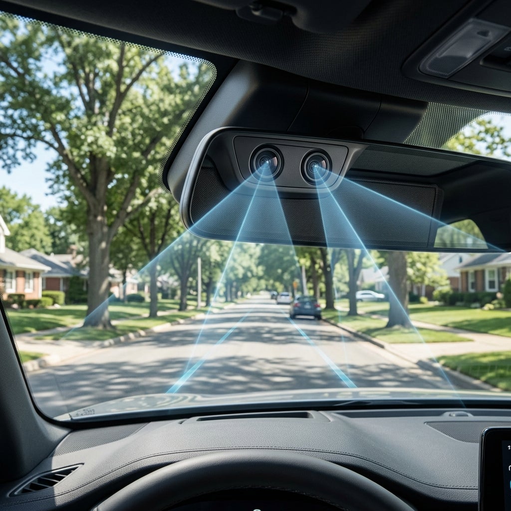 Inside a car, dual cameras mounted near the rearview mirror project blue light beams onto the suburban road ahead. (Representative image for illustration purposes only. Actual vehicle may vary based on trim and configuration.)