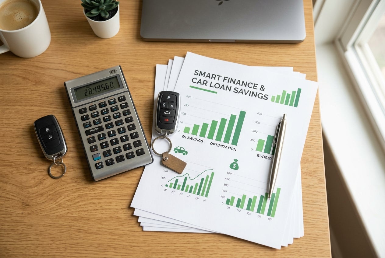 Financial document for car loan savings alongside a calculator, pen, and car key fobs on a wooden desk. (Representative image for illustration purposes only. Actual vehicle may vary based on trim and configuration.)