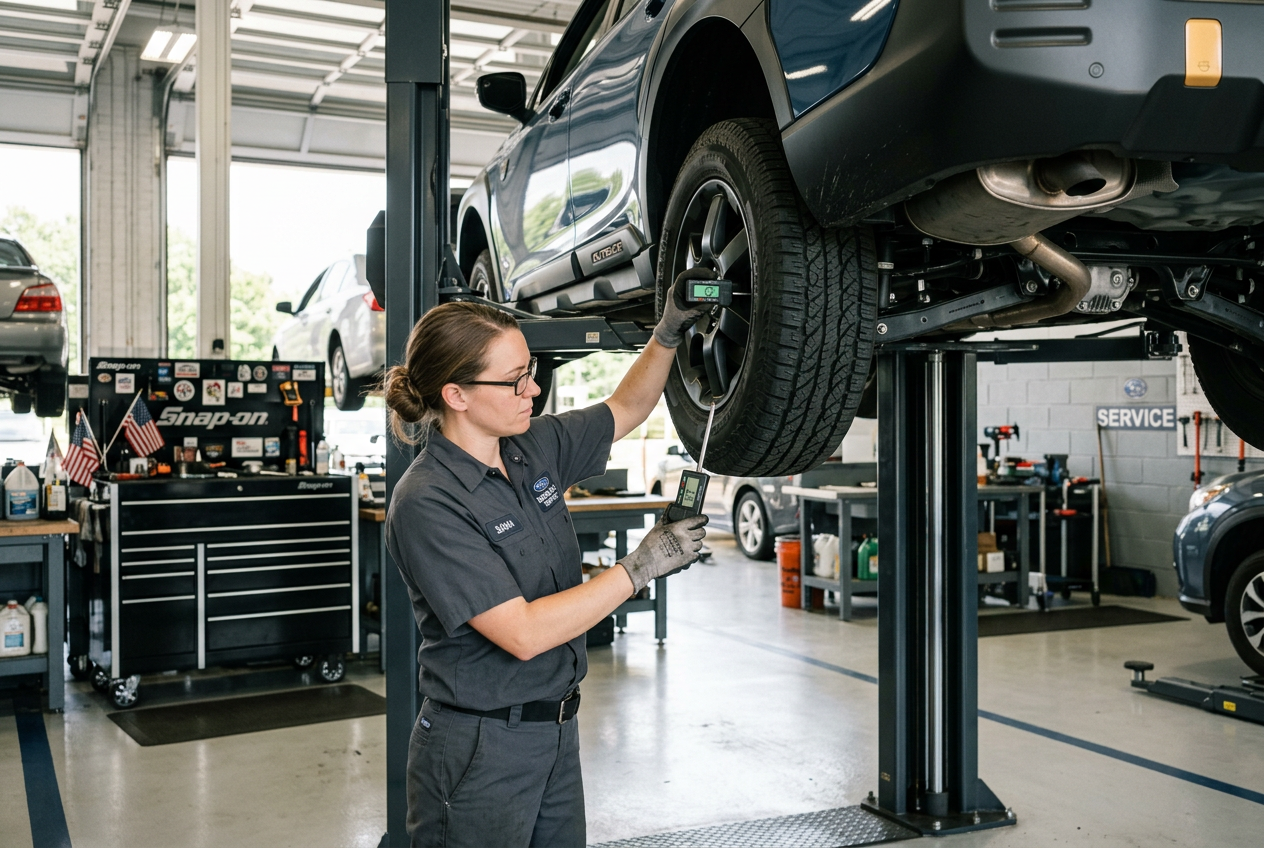 A female mechanic inspects a car tire on a lift in a professional auto service shop. (Representative image for illustration purposes only. Actual vehicle may vary based on trim and configuration.)