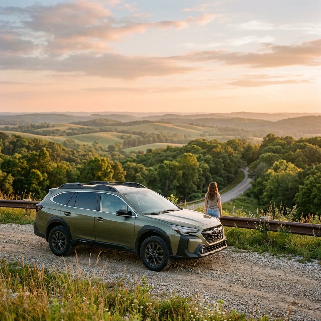 An olive green Subaru Outback parked on a gravel overlook with a woman looking out at a hilly landscape at sunset. (Representative image for illustration purposes only. Actual vehicle may vary based on trim and configuration.)