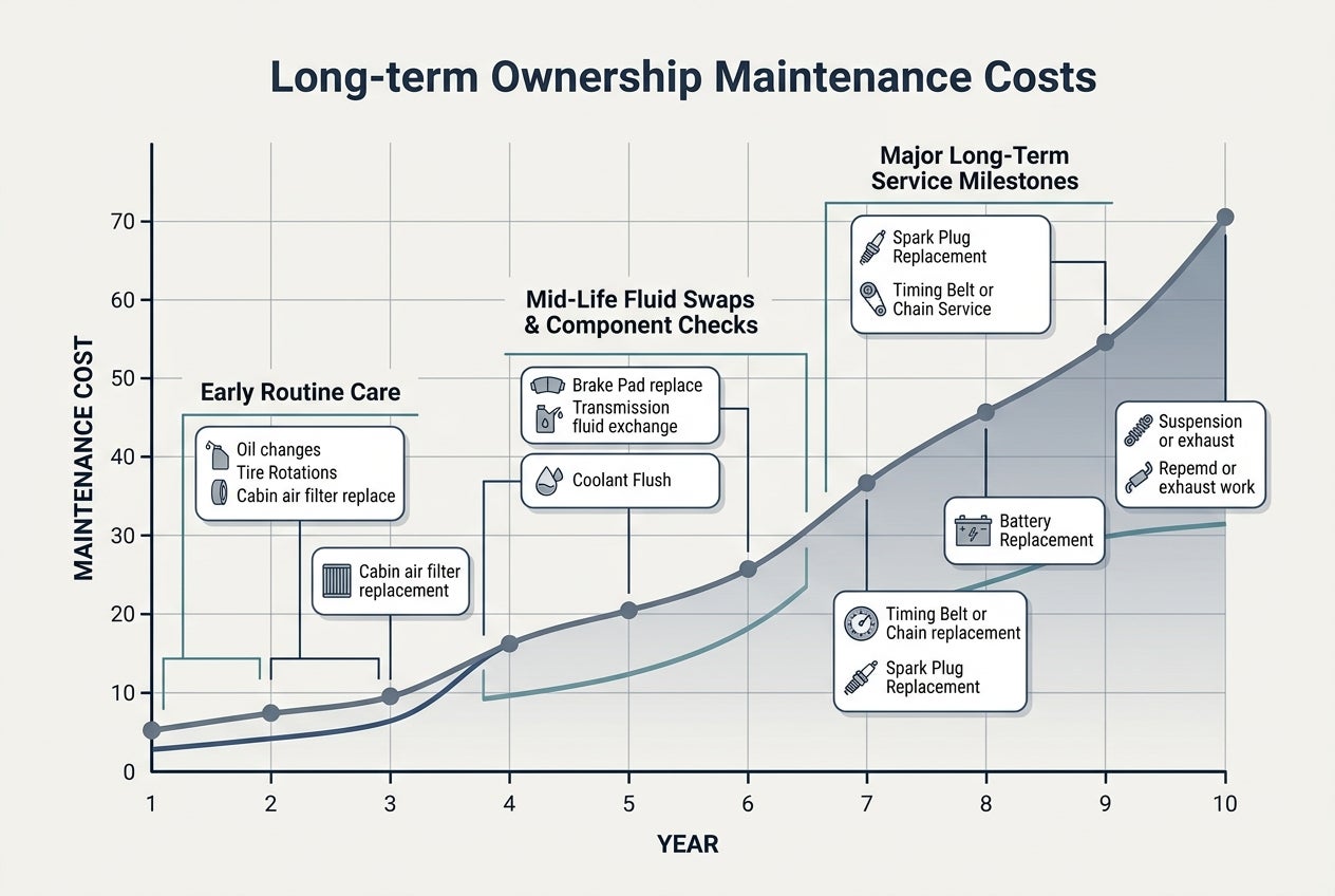 Line graph showing rising car maintenance costs over ten years alongside routine, mid-life, and major service milestones. (Representative image for illustration purposes only. Actual vehicle may vary based on trim and configuration.)