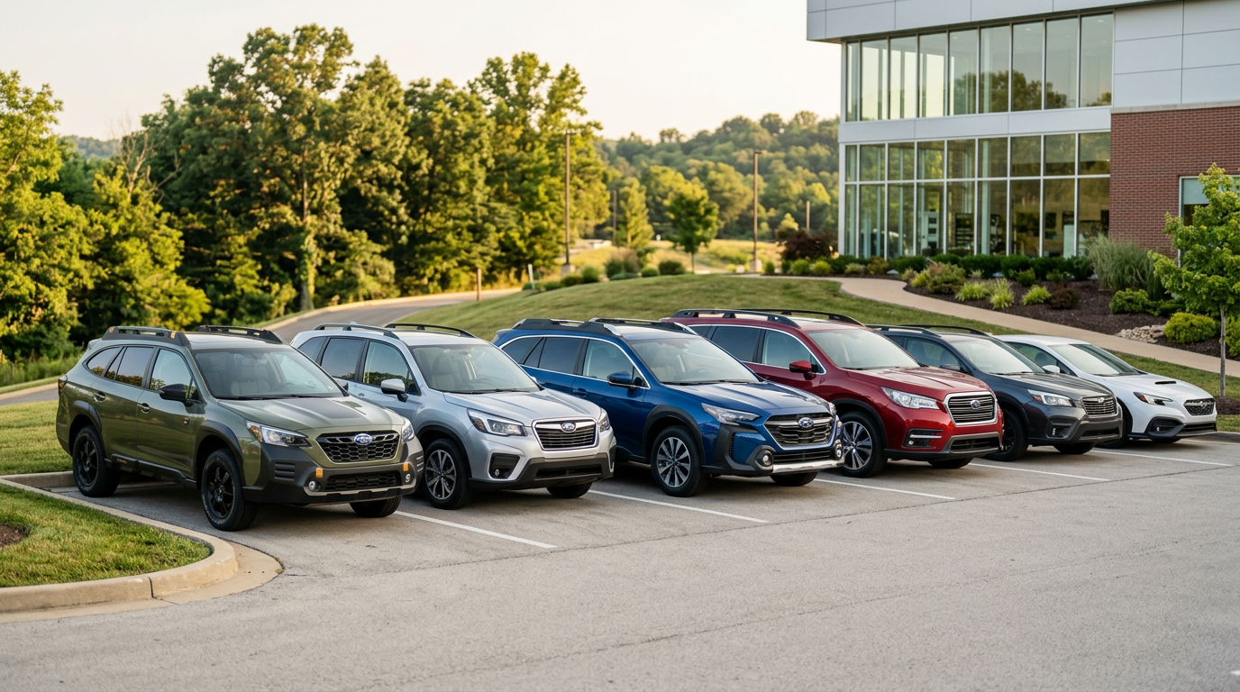 Line of six modern Subaru vehicles parked in a dealership lot next to a modern building. (Representative image for illustration purposes only. Actual vehicle may vary based on trim and configuration.)