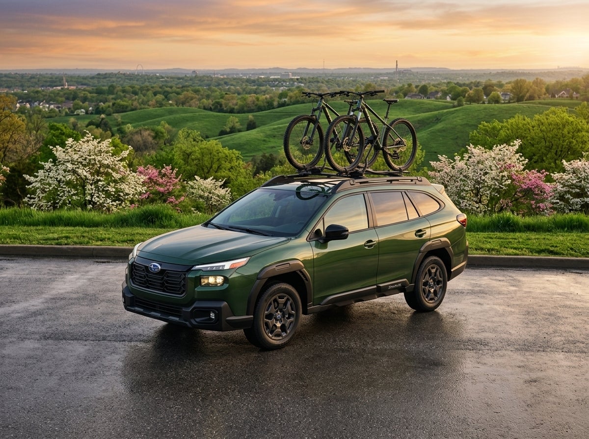 Subaru Outback with mountain bikes on the roof parked near a local Sunset Hills park