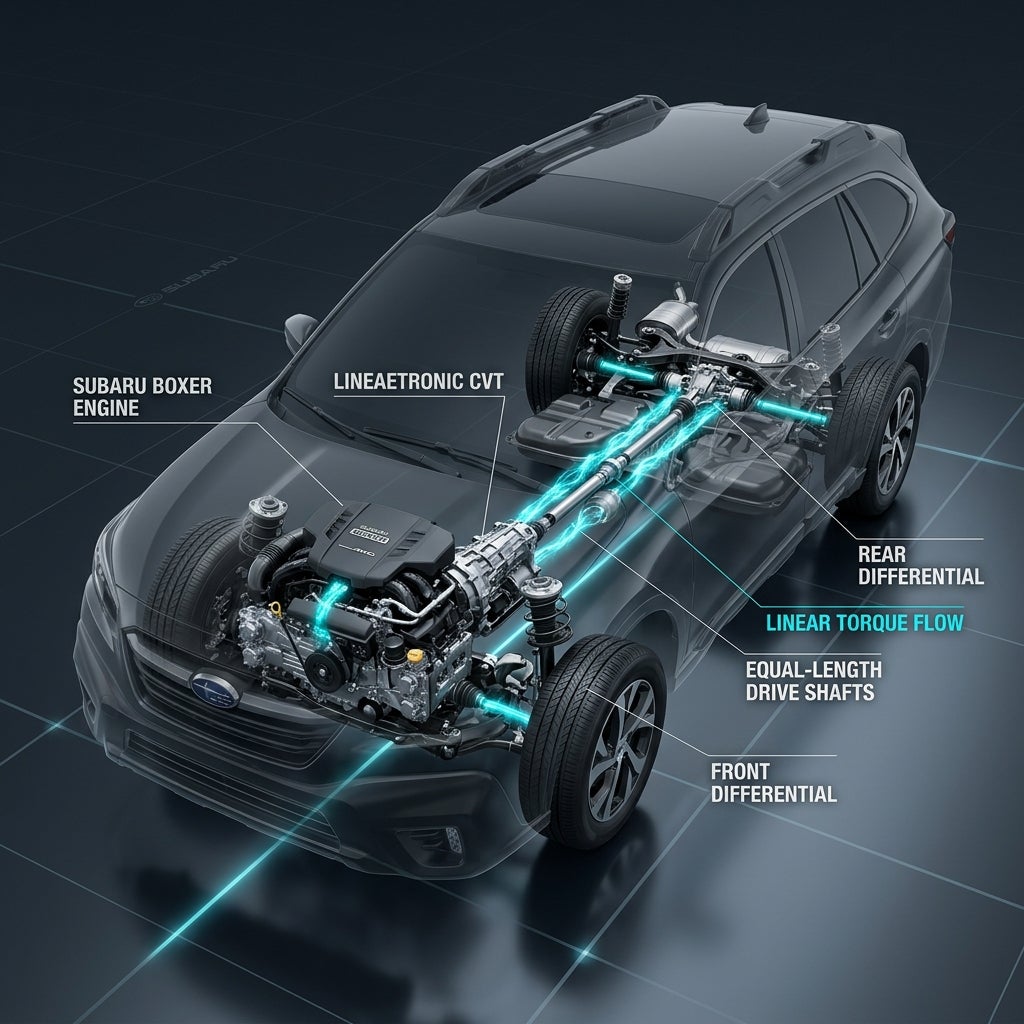 Cutaway diagram of a Subaru vehicle highlighting its Boxer engine, Lineartronic CVT, and Symmetrical AWD drivetrain. (Representative image for illustration purposes only. Actual vehicle may vary based on trim and configuration.)