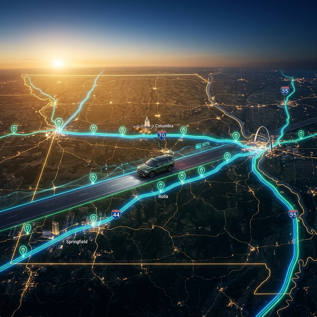 AI generated: Hyper-realistic aerial view of Missouri with Interstate 70, Interstate 44, and Interstate 55 illuminated by glowing EV charging network connections, a 2026 Subaru Trailseeker traveling through the center of the state, landmarks from St. Louis, Columbia, Rolla, and Springfield visible in the distance, advanced NACS charging ecosystem visualized through elegant futuristic graphics, premium automotive advertisement, cinematic scale, ultra-photorealistic, 8K resolution, inspiring sense of freedom and confidence.