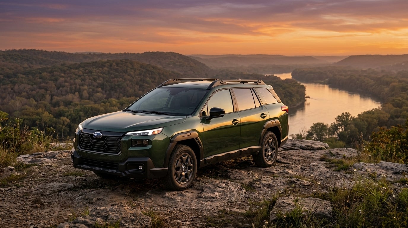 AI generated: A photorealistic automotive portrait of a 2026 Subaru Outback parked on a scenic bluff overlooking the rolling wooded hills and winding river of a Missouri state park at sunset. The vehicle is positioned at a three-quarter angle, showcasing its rugged cladding, high ground clearance, and sleek LED headlights reflecting the golden hour light. The sky is a vibrant palette of deep orange, soft violet, and amber, casting a warm glow across the car’s metallic finish. In the background, lush green deciduous forests typical of the St. Louis region fade into a soft-focus haze. The composition is cinematic and wide-angle, emphasizing a sense of freedom and outdoor adventure, with a crisp, high-contrast finish that highlights the refined yet durable texture of the vehicle’s design, no people, professional commercial photography style.
