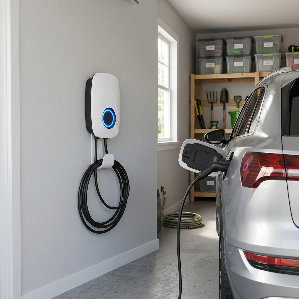 An electric car charging in a garage using a wall-mounted home charging station. (Representative image for illustration purposes only. Actual vehicle may vary based on trim and configuration.)