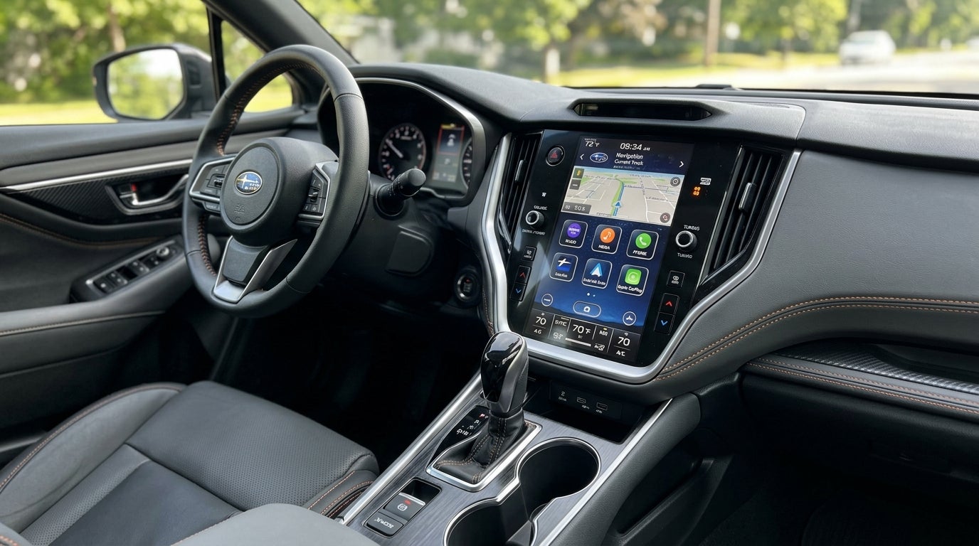 Interior view of a Subaru dashboard featuring a leather steering wheel, large touchscreen display, and center console. (Representative image for illustration purposes only. Actual vehicle may vary based on trim and configuration.)