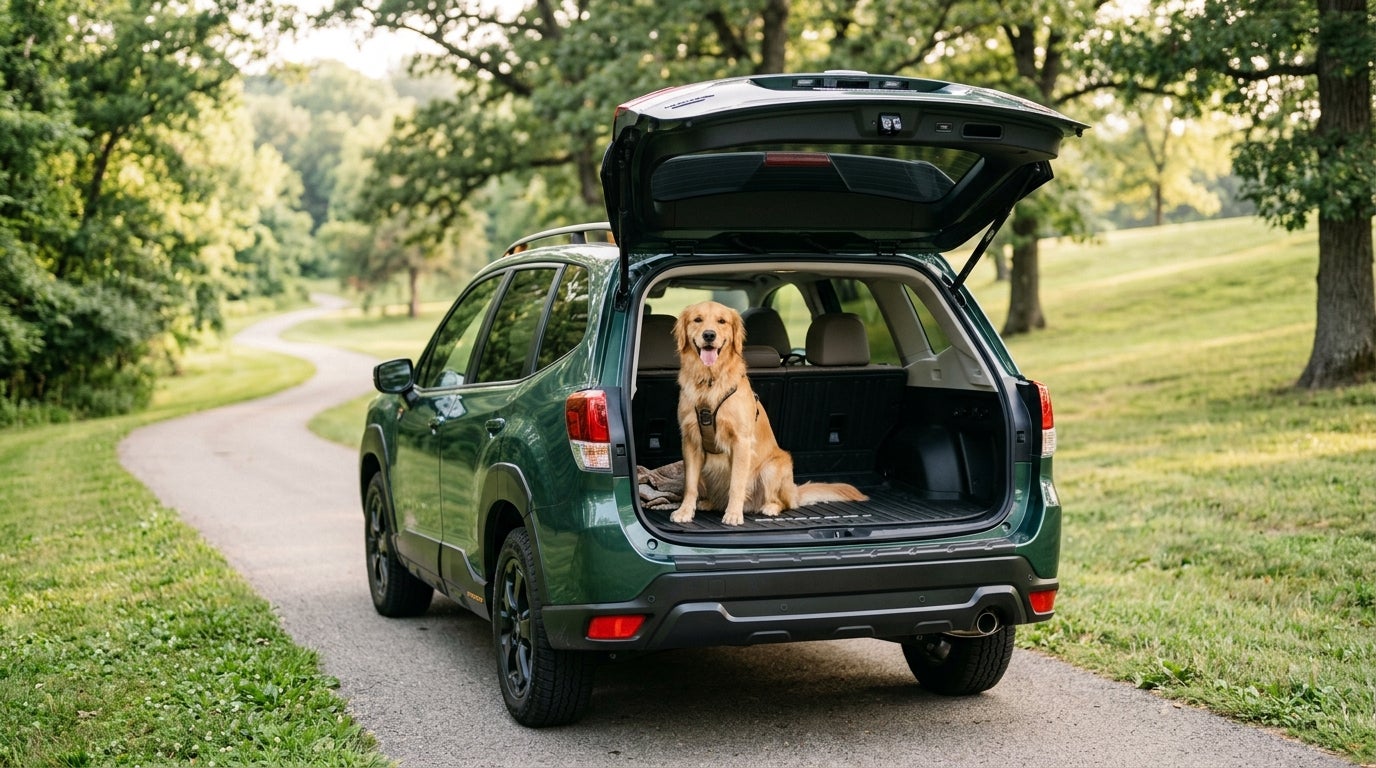 A happy golden retriever wearing a harness sits in the open trunk of a green SUV parked on a paved park path. (Representative image for illustration purposes only. Actual vehicle may vary based on trim and configuration.)