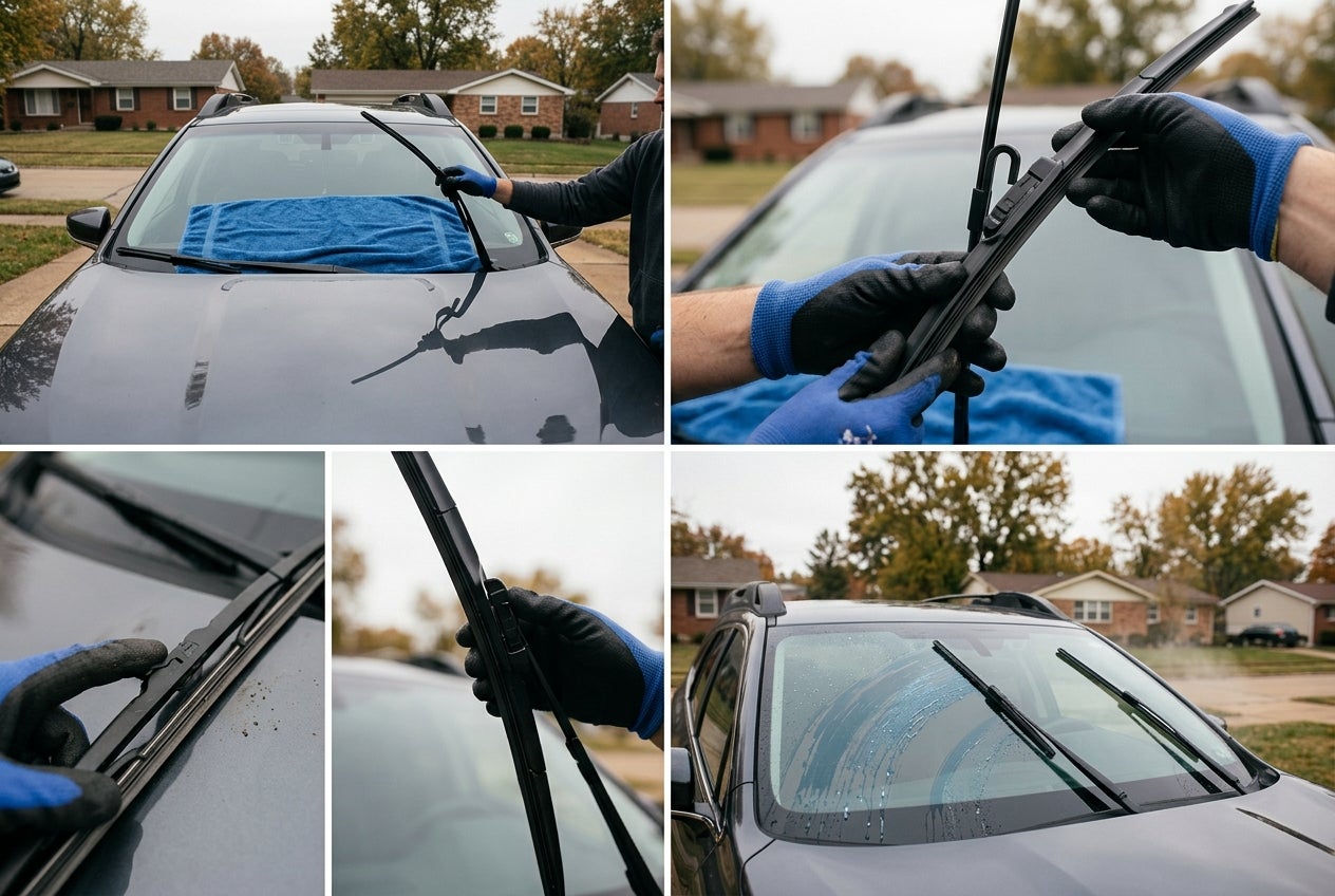 Collage of photos showing a person in blue work gloves replacing windshield wiper blades on a gray car.