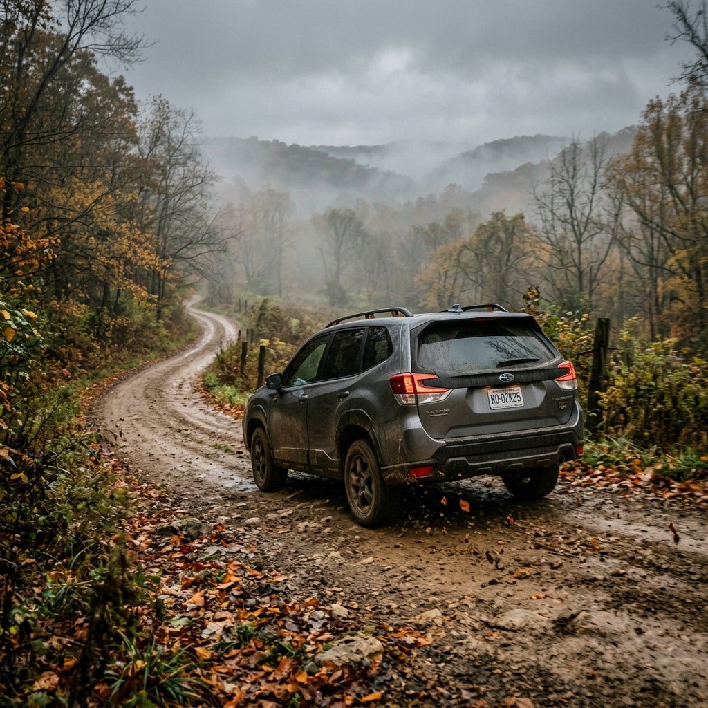 A 2025 Subaru Forester navigating a scenic, lightly wooded trail typical of the Missouri Ozarks, showcasing its 8.7 inches of ground clearance.