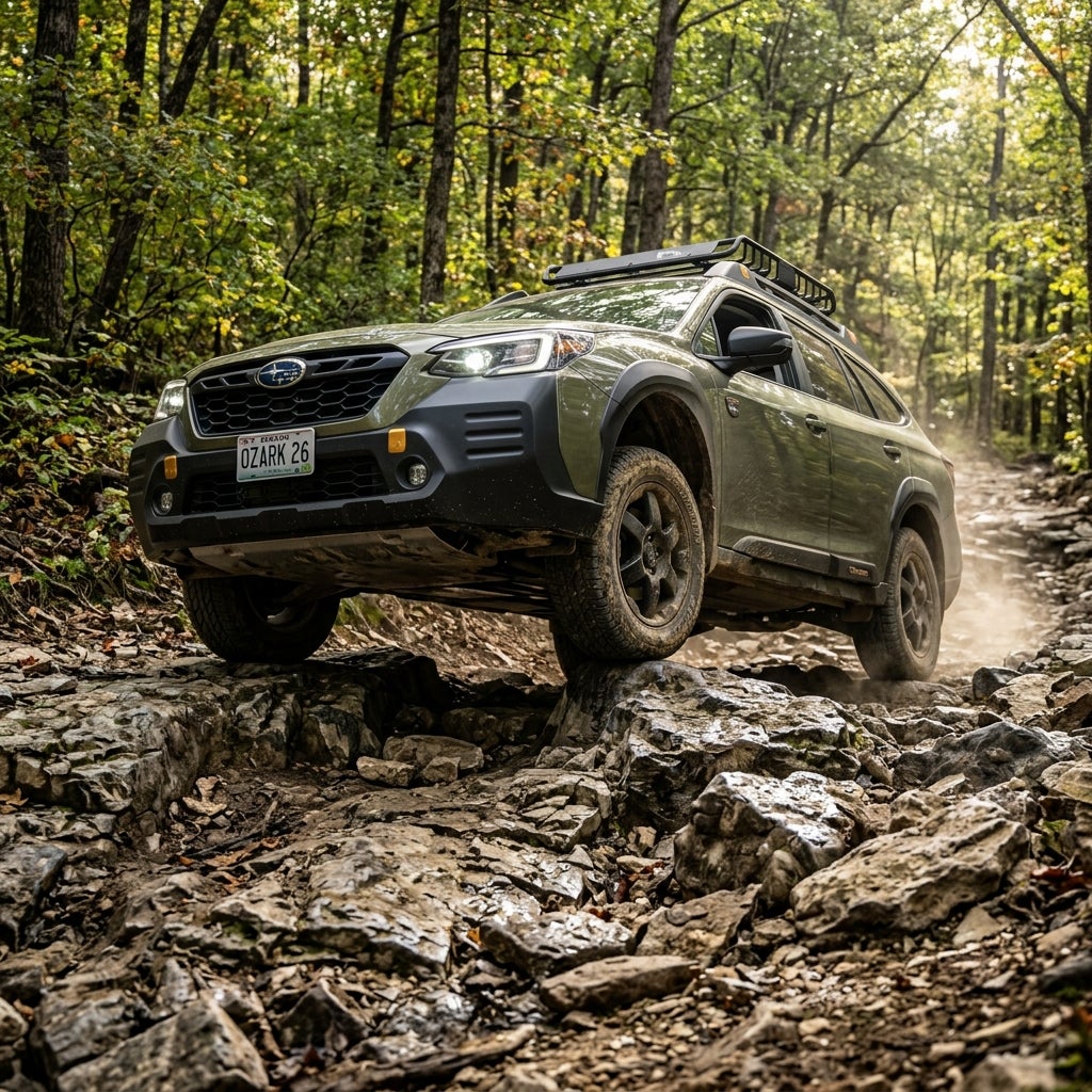 AI generated: Ultra-realistic automotive photography of a 2026 Subaru Outback navigating a rugged Missouri Ozark trail covered in sharp limestone ledges, exposed bedrock, and scattered "baby head" rocks. The vehicle confidently clears obstacles thanks to its 8.7 inches of ground clearance, suspension visibly articulating over uneven terrain. Dense hardwood forest surrounds the trail, with sunlight filtering through oak and hickory trees. Dust lightly trails behind the tires, emphasizing movement and capability. Shot from a low angle near the rocks to highlight the Outback's underbody clearance. Professional automotive commercial photography, cinematic lighting, ultra-detailed, HDR, 8K resolution, shallow depth of field, adventure lifestyle aesthetic, magazine-quality Subaru advertisement.