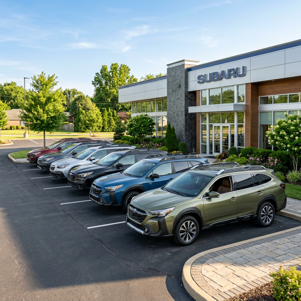 Line of Subaru SUVs parked outside a modern Subaru dealership showroom. (Representative image for illustration purposes only. Actual vehicle may vary based on trim and configuration.)