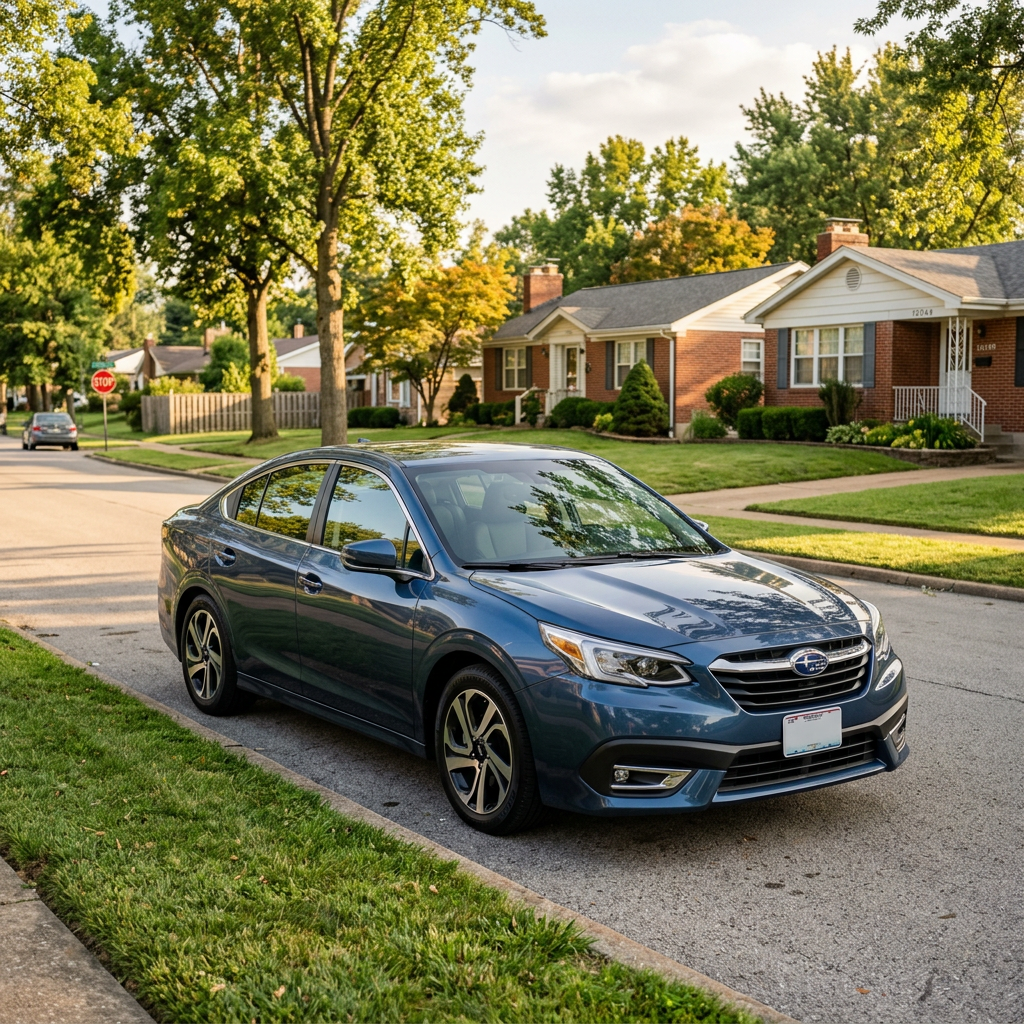 A blue Subaru Legacy sedan parked on the side of a suburban street. (Representative image for illustration purposes only. Actual vehicle may vary based on trim and configuration.)