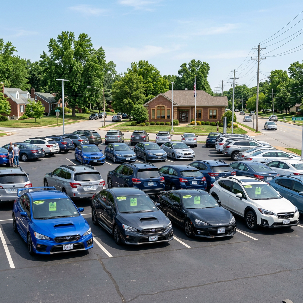 Parking lot filled with various Subaru cars on a sunny day. (Representative image for illustration purposes only. Actual vehicle may vary based on trim and configuration.)