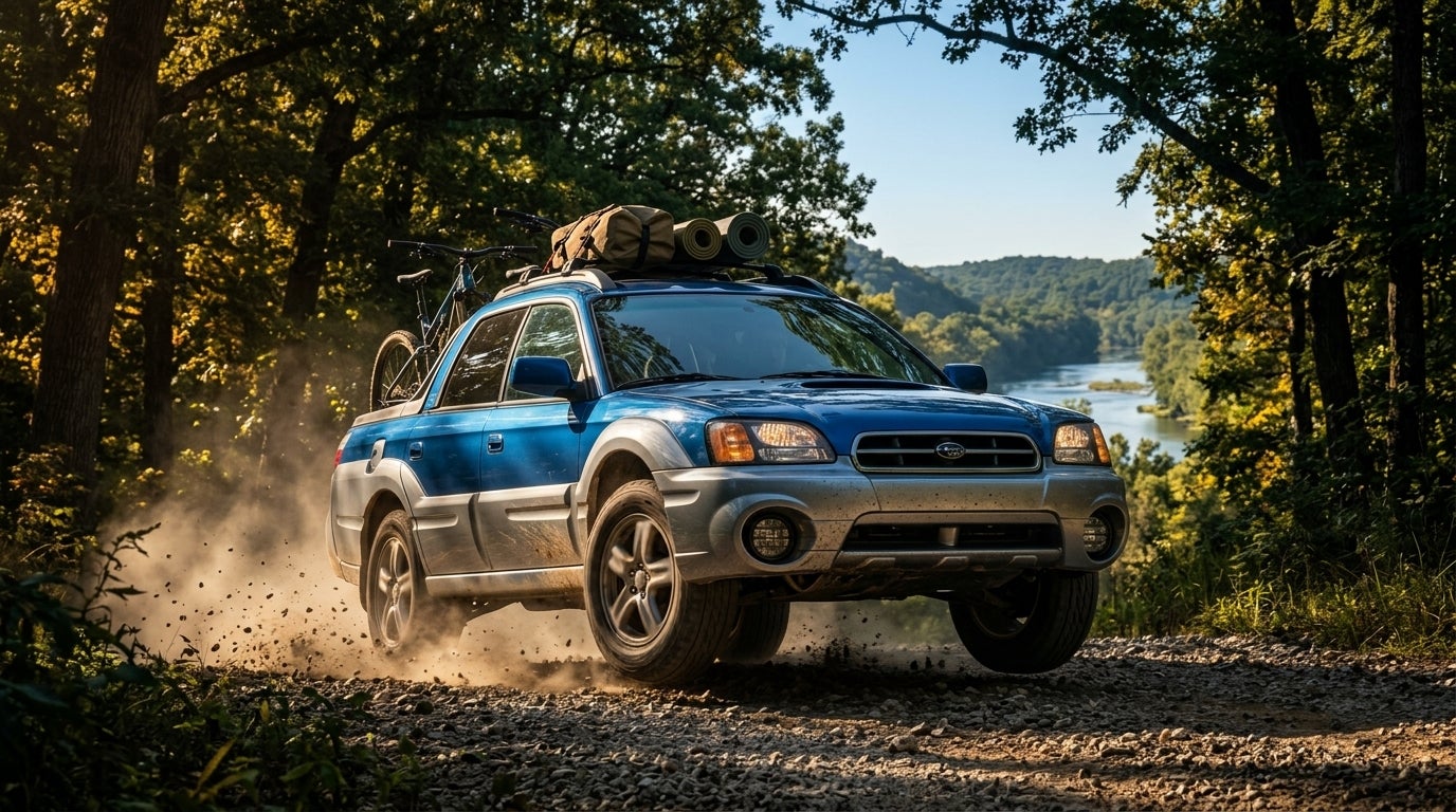 AI generated: Photorealistic CGI, cinematic action shot, of a 2003 Subaru Baja centered and symmetrical composition, a modern concept Subaru Baja pickup truck aggressively traversing a gravel trail near the Meramec River in Sunset Hills, Missouri, mid-air suspension compression, spinning wheels kicking up dust and loose stones, dramatic high contrast lighting, late afternoon summer sun casting long shadows through dense oak and hickory trees, rich dark color palette with deep forest greens and golden amber highlights, sleek metallic blue paint reflecting the clear sunny sky, rugged utility bed loaded with mountain bikes and outdoor gear, rolling wooded terrain of the Ozark foothills, humid summer atmosphere, ultra-detailed textures on tires and chassis, no text.