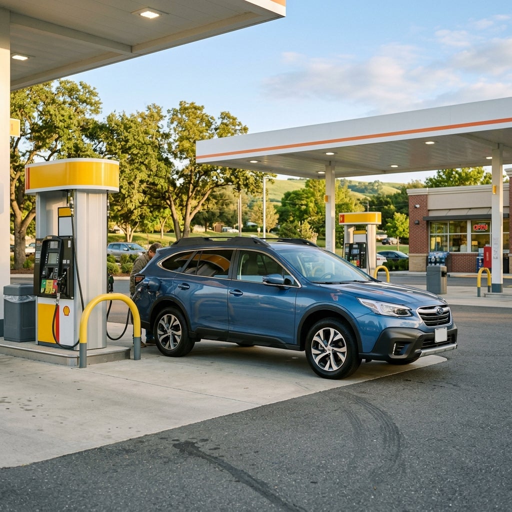 A blue Subaru Outback SUV parked beside a yellow pump while being refueled at a gas station. (Representative image for illustration purposes only. Actual vehicle may vary based on trim and configuration.)