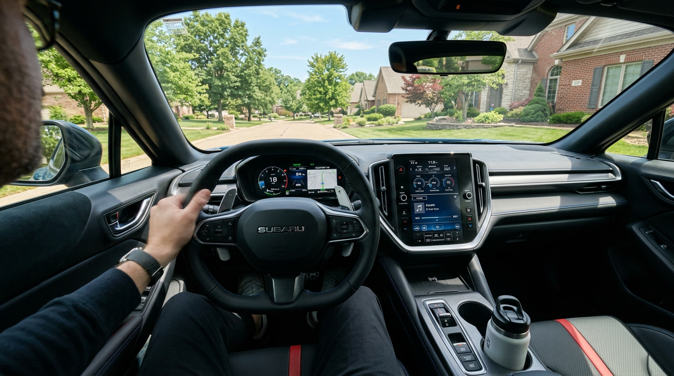 Interior view of a Subaru car dashboard and steering wheel with a person driving. (Representative image for illustration purposes only. Actual vehicle may vary based on trim and configuration.)