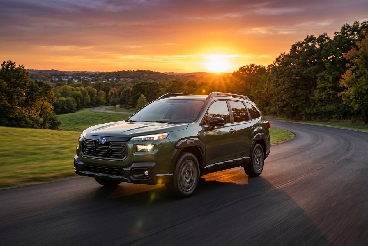 A modern Subaru Outback parked in a scenic Missouri landscape during sunset.