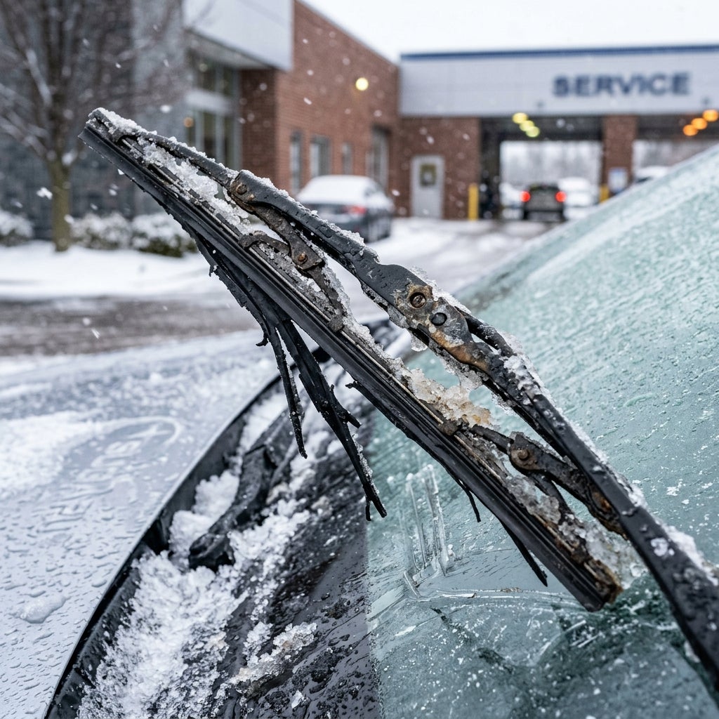 AI generated: Ultra-realistic close-up of a damaged Subaru windshield wiper blade after a harsh St. Louis winter storm. The rubber insert is torn and partially detached from the metal frame, with ice crystals and snow packed around the blade assembly. The exposed metal edge is making contact with the windshield, creating visible scratches in the glass. Dramatic winter lighting, falling snow, highly detailed textures, professional automotive service inspection photography, dealership maintenance campaign, 8K resolution, magazine-quality realism.