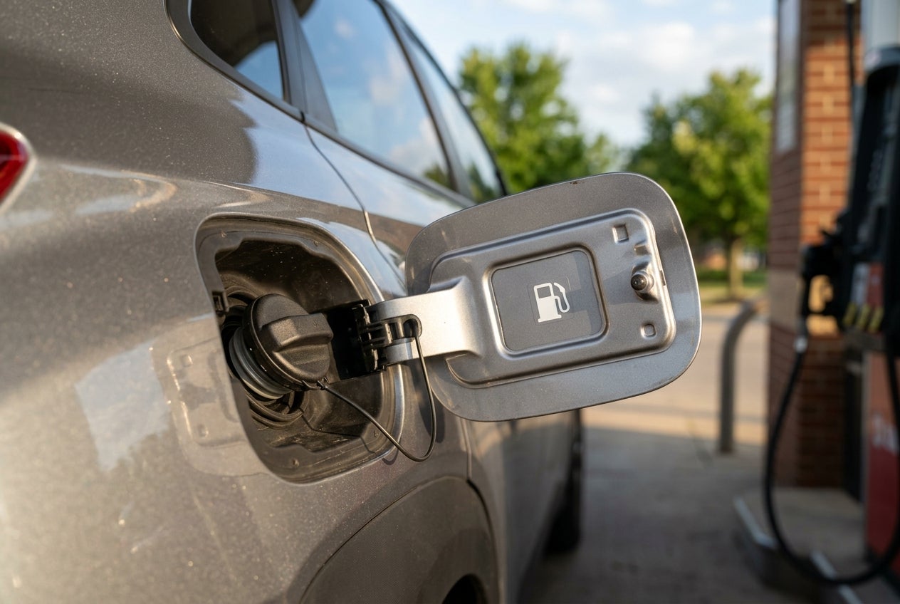 Close-up of an open silver car fuel door showing the gas cap and fuel pump icon at a gas station. (Representative image for illustration purposes only. Actual vehicle may vary based on trim and configuration.)
