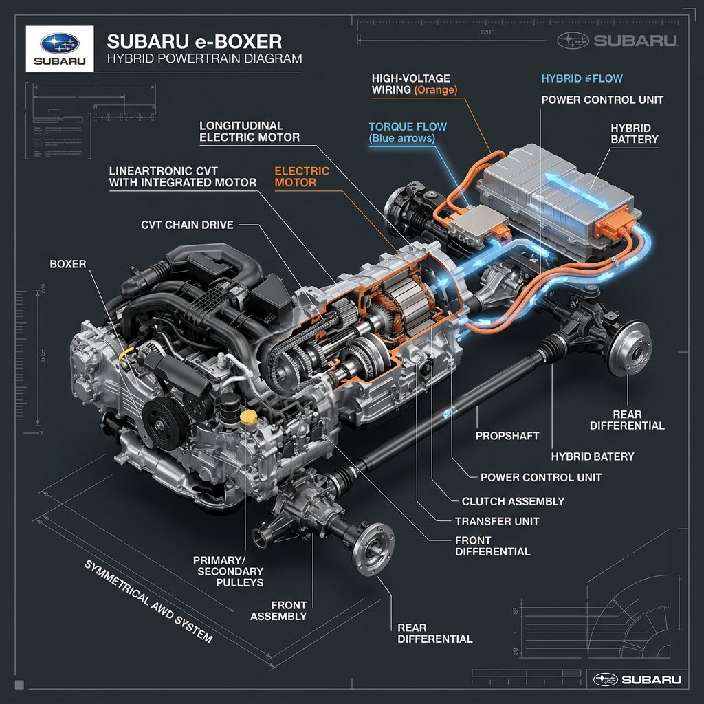 Detailed 3D technical diagram of a Subaru e-BOXER hybrid powertrain featuring engine, CVT, and battery layout. (Representative image for illustration purposes only. Actual vehicle may vary based on trim and configuration.)