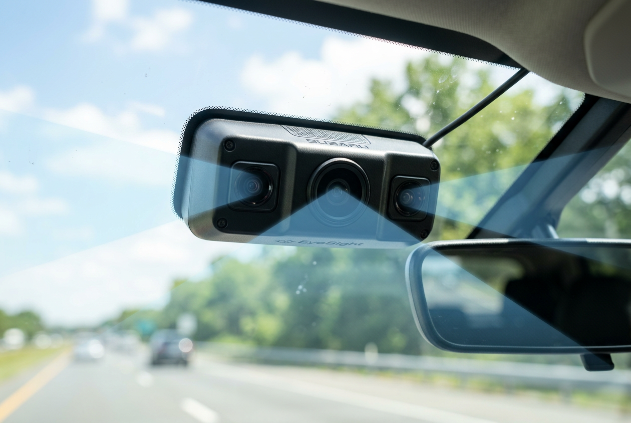 A close-up of a Subaru EyeSight driver assist camera module mounted on a car windshield, showing three lenses. (Representative image for illustration purposes only. Actual vehicle may vary based on trim and configuration.)