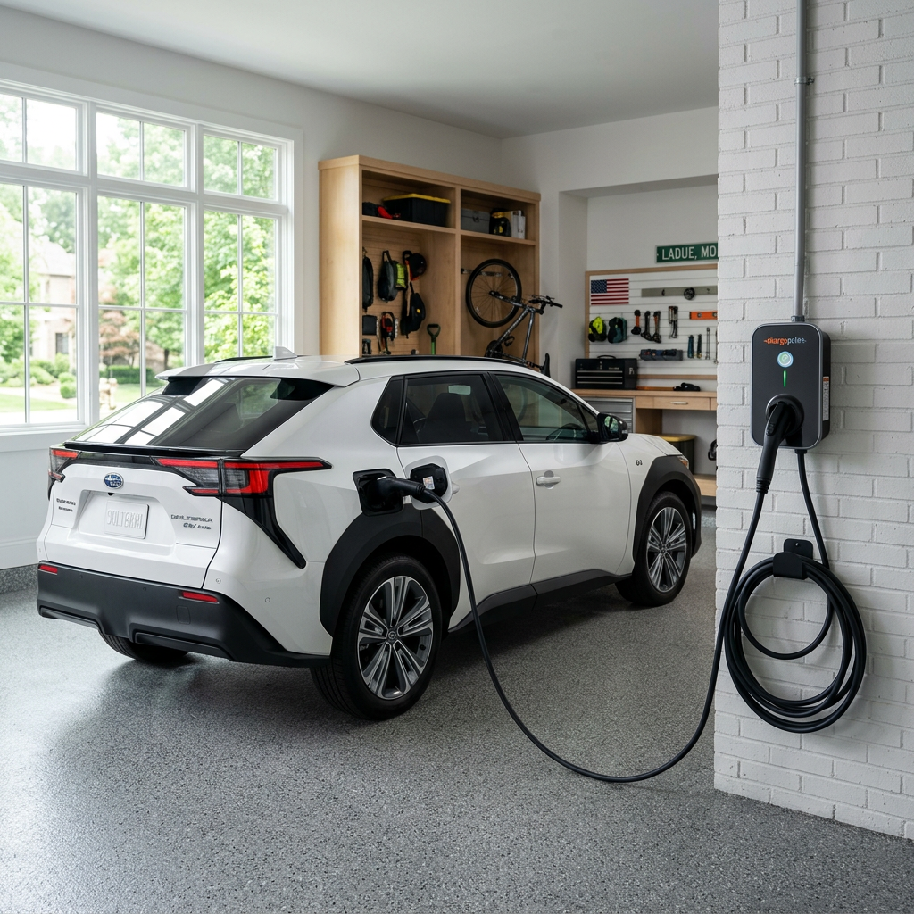 A white Subaru Solterra electric SUV parked in a garage and plugged into a wall-mounted charging station. (Representative image for illustration purposes only. Actual vehicle may vary based on trim and configuration.)