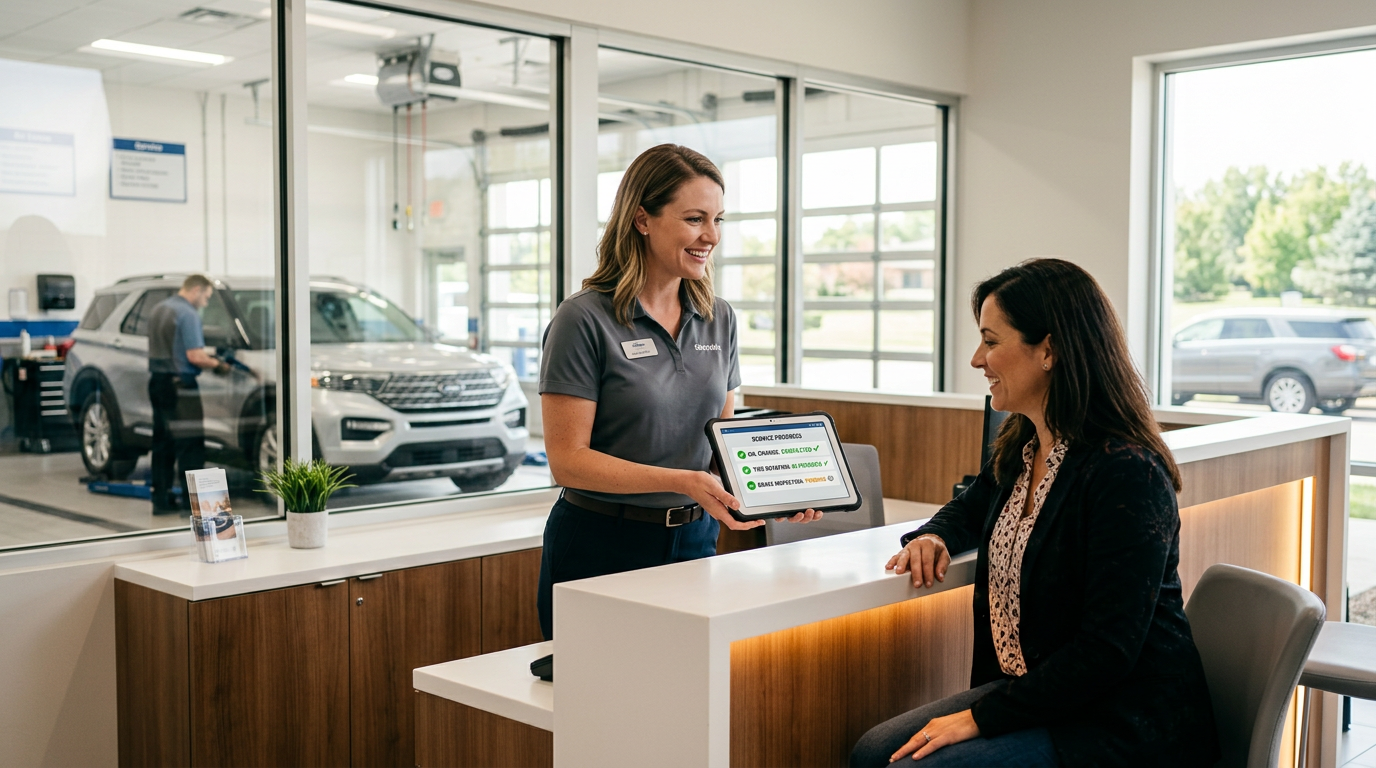 A service advisor showing a tablet to a customer at a modern car dealership service counter. (Representative image for illustration purposes only. Actual vehicle may vary based on trim and configuration.)
