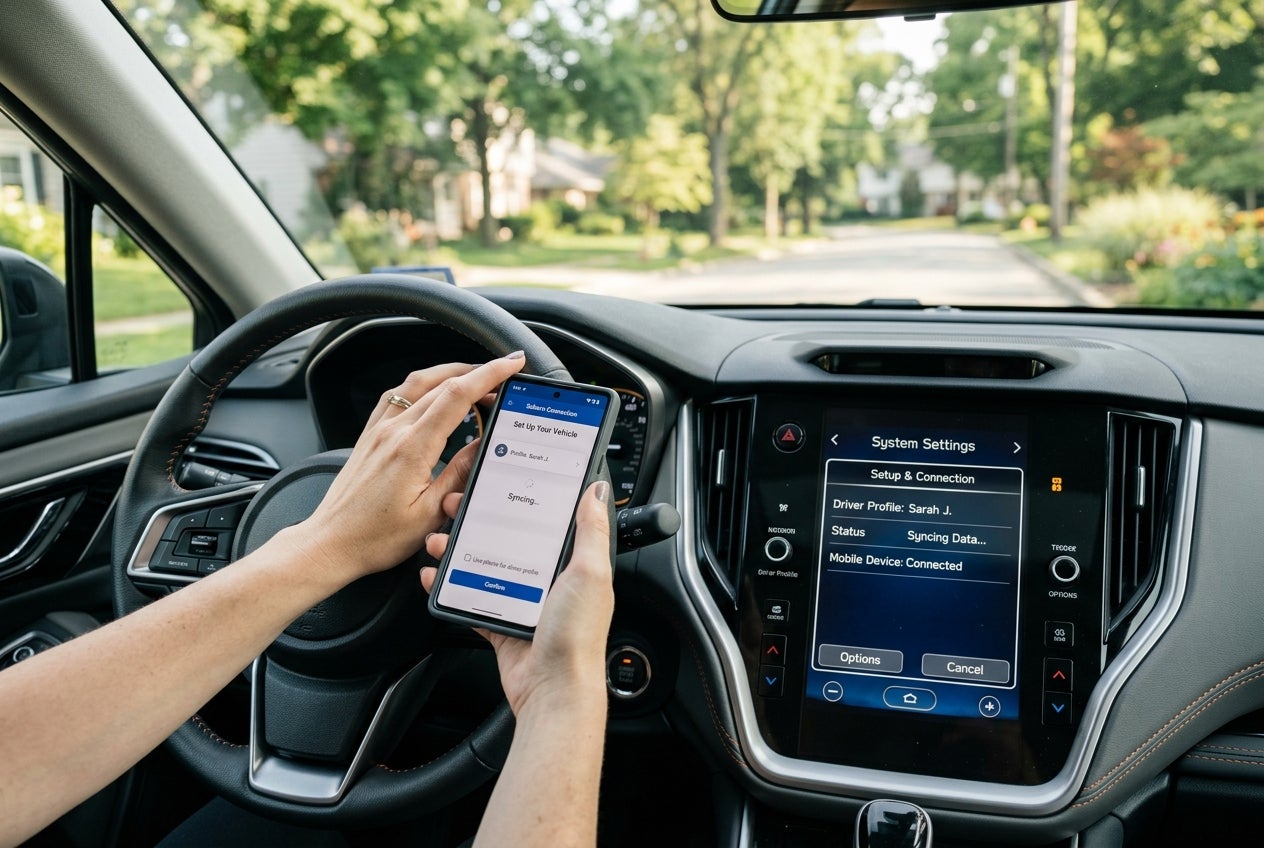 Hands holding a smartphone syncing a driver profile to a car's dashboard infotainment display screen. (Representative image for illustration purposes only. Actual vehicle may vary based on trim and configuration.)